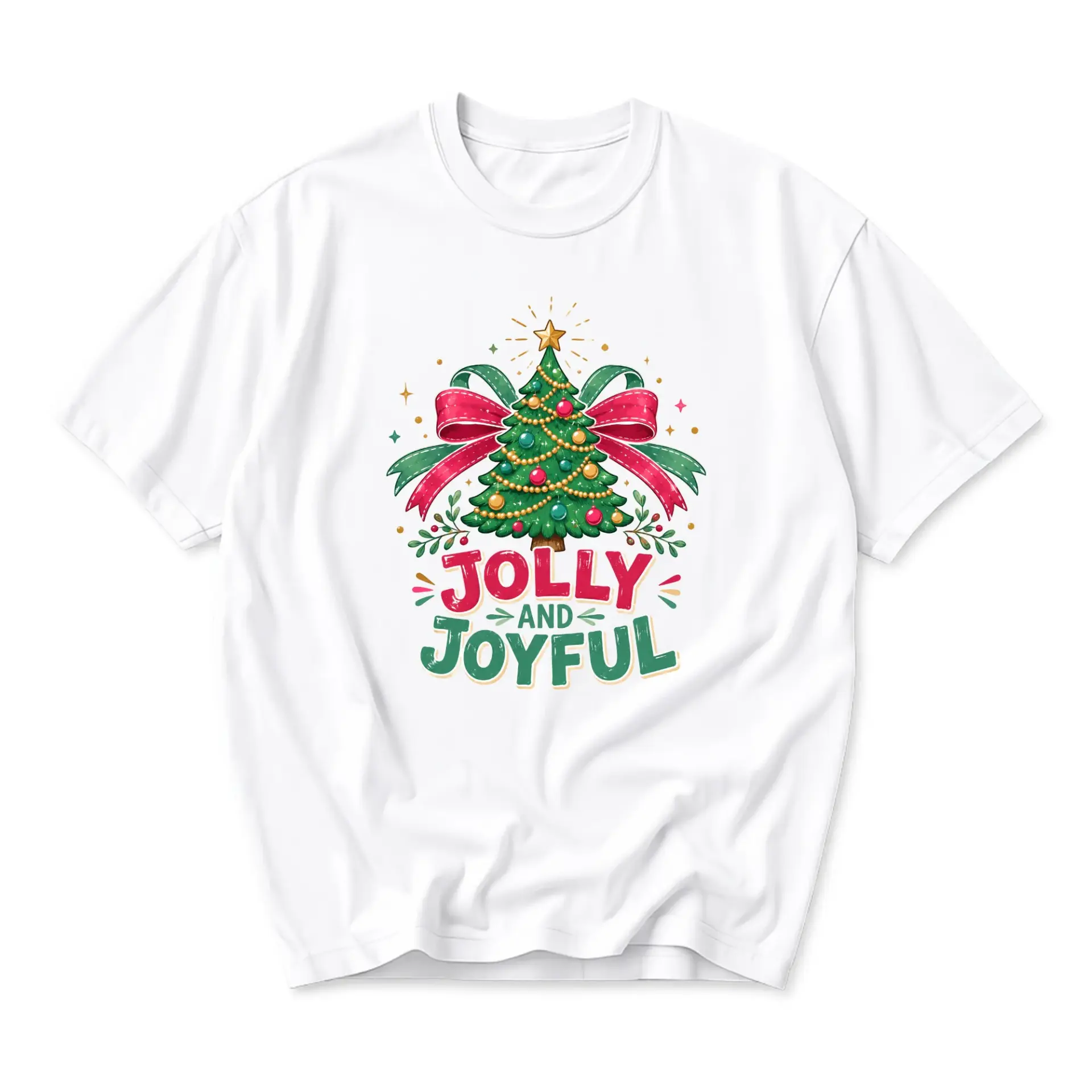 T-shirt Jolly and Joyful Christmas Tree Graphic Tee Unisex Holiday Crew Neck Casual Apparel for Winter Season Festive Wear