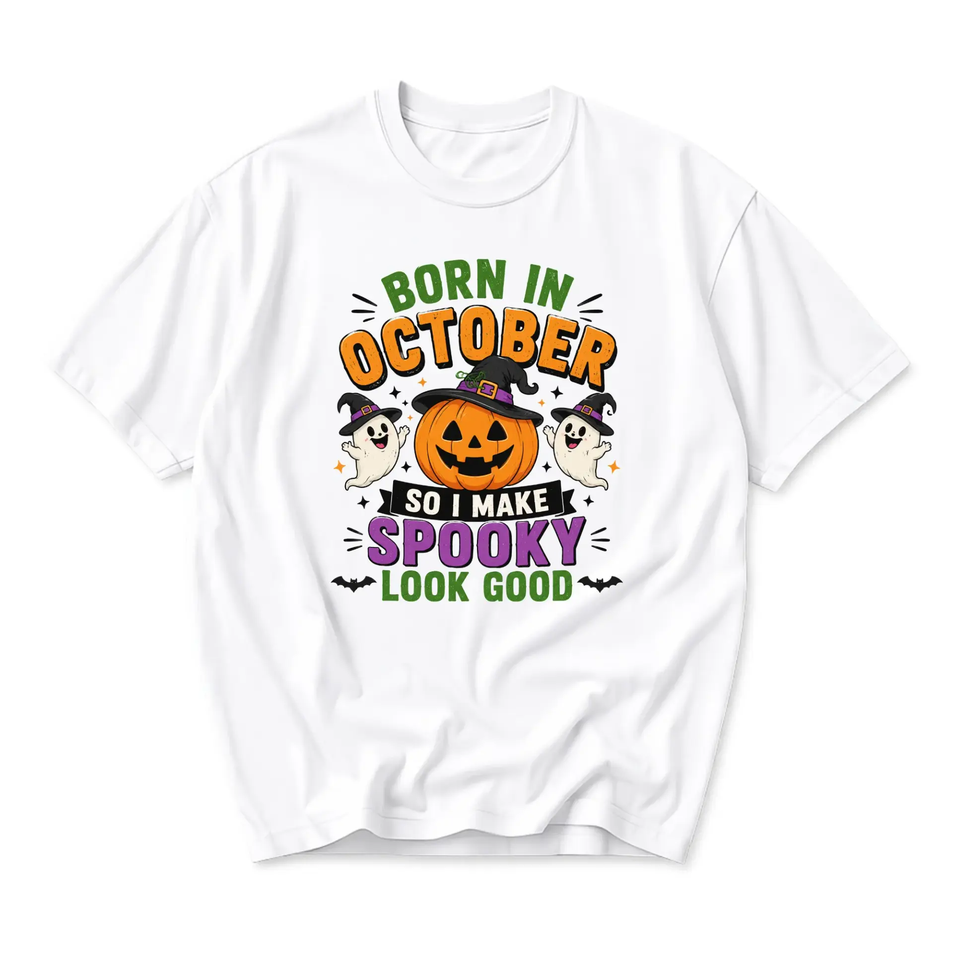 Funny Shirt Born in October so I Make Spooky Look Good Graphic Tee Halloween Themed Unisex Casual Crew Neck T-Shirt