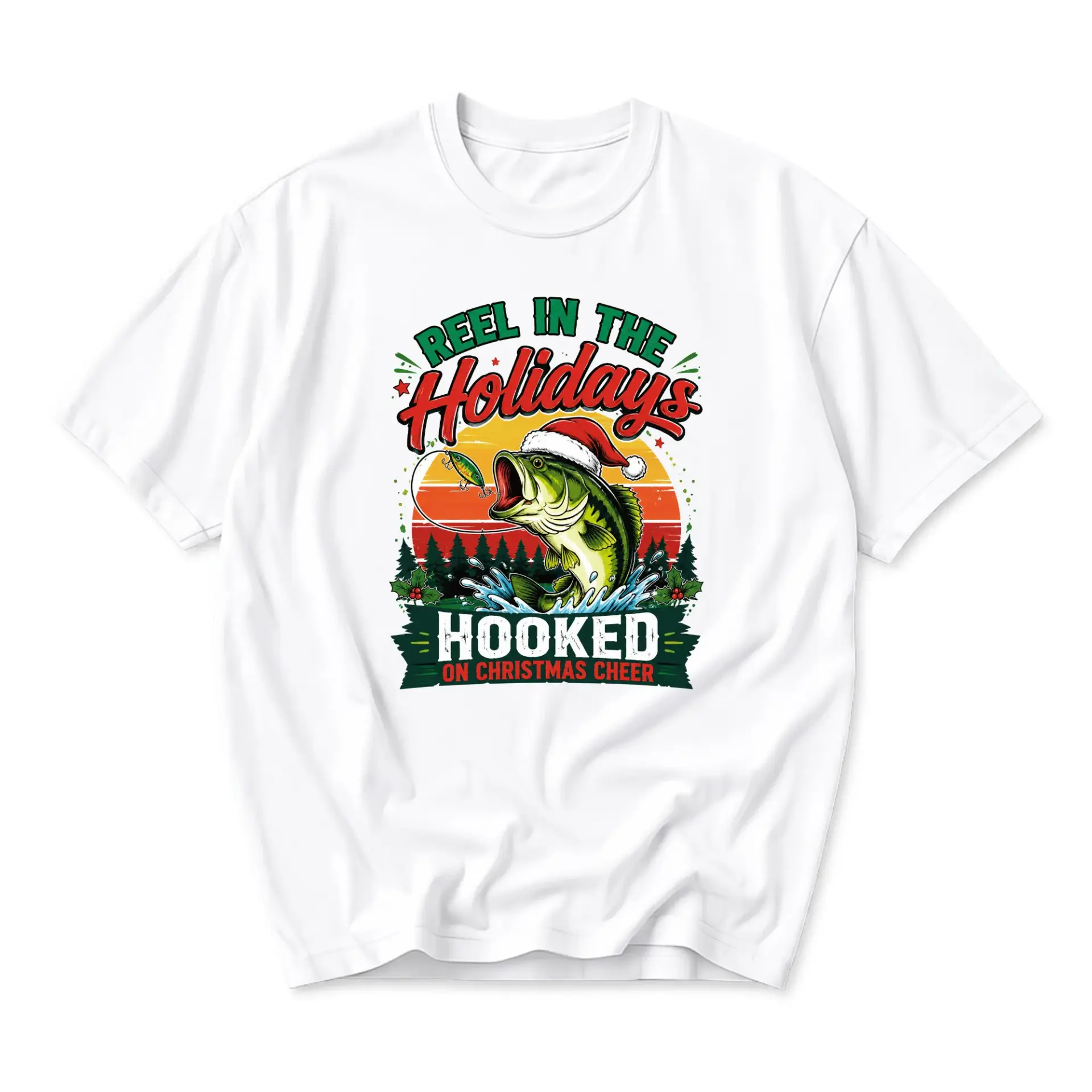 Funny Shirt Reel in the Holidays Graphic Tee Unisex Crew Neck Fishing Christmas Humor Apparel for Outdoor Enthusiasts