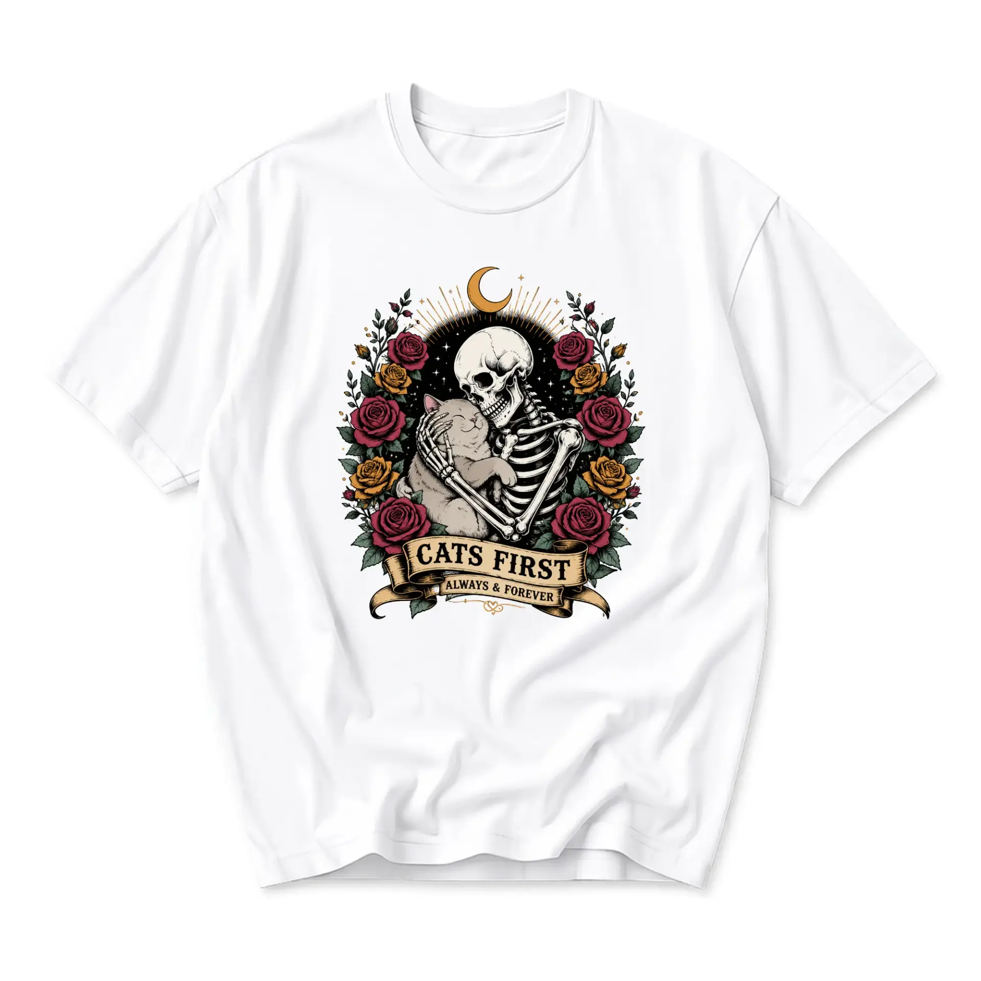 Graphic Tee Cats First Always and Forever Skeleton Holding a Cat Design Unisex Crew Neck Soft Cotton Casual Shirt