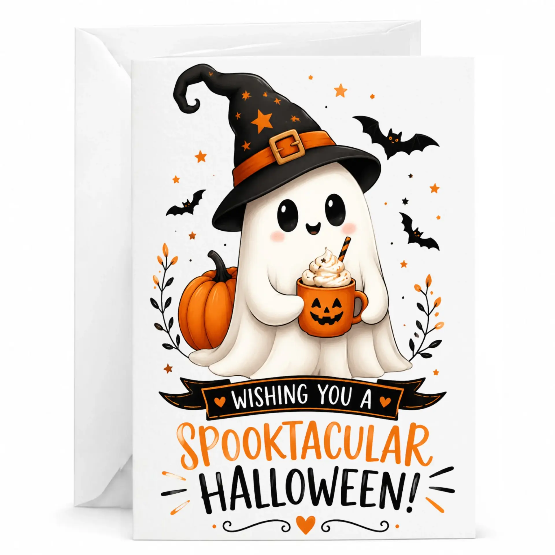 Funny Spooktacular Halloween Greeting Card Cute with Pumpkin Coffee Cup Design for Holiday Seasonal Wishes