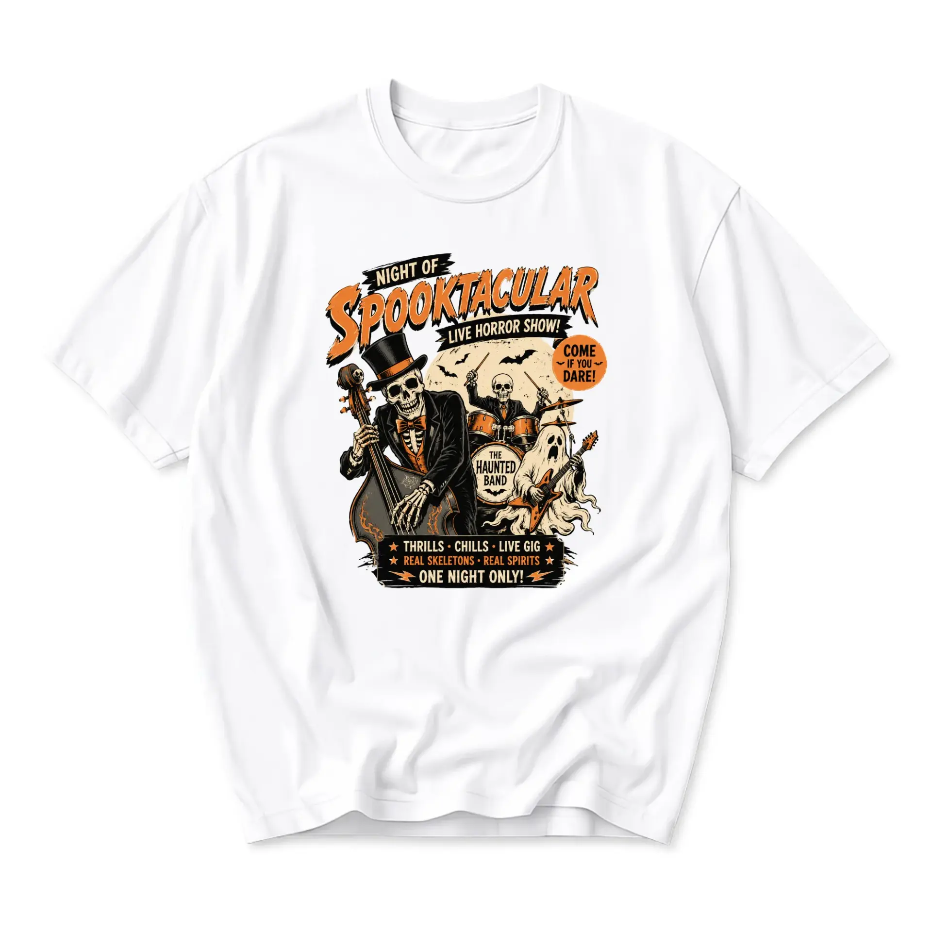 Graphic Tee Night of Spooktacular Live Horror Show Skeleton Band Concert Apparel Casual Unisex Crew Neck T-Shirt