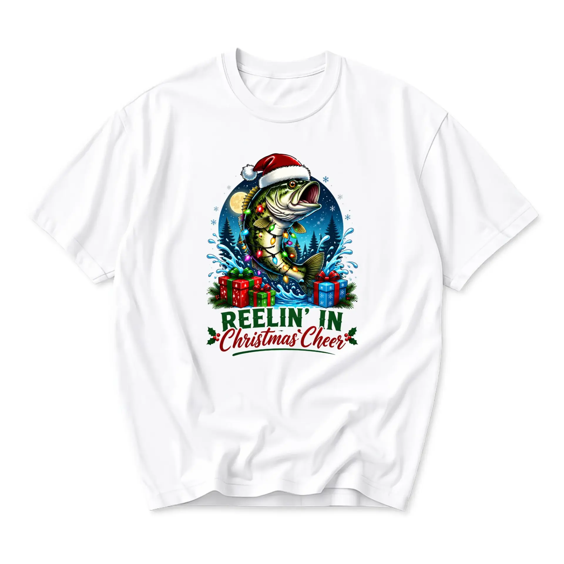 T-shirt Reelin in Christmas Cheer Funny Holiday Fishing Graphic Tee Unisex Casual Apparel for Nature Lovers