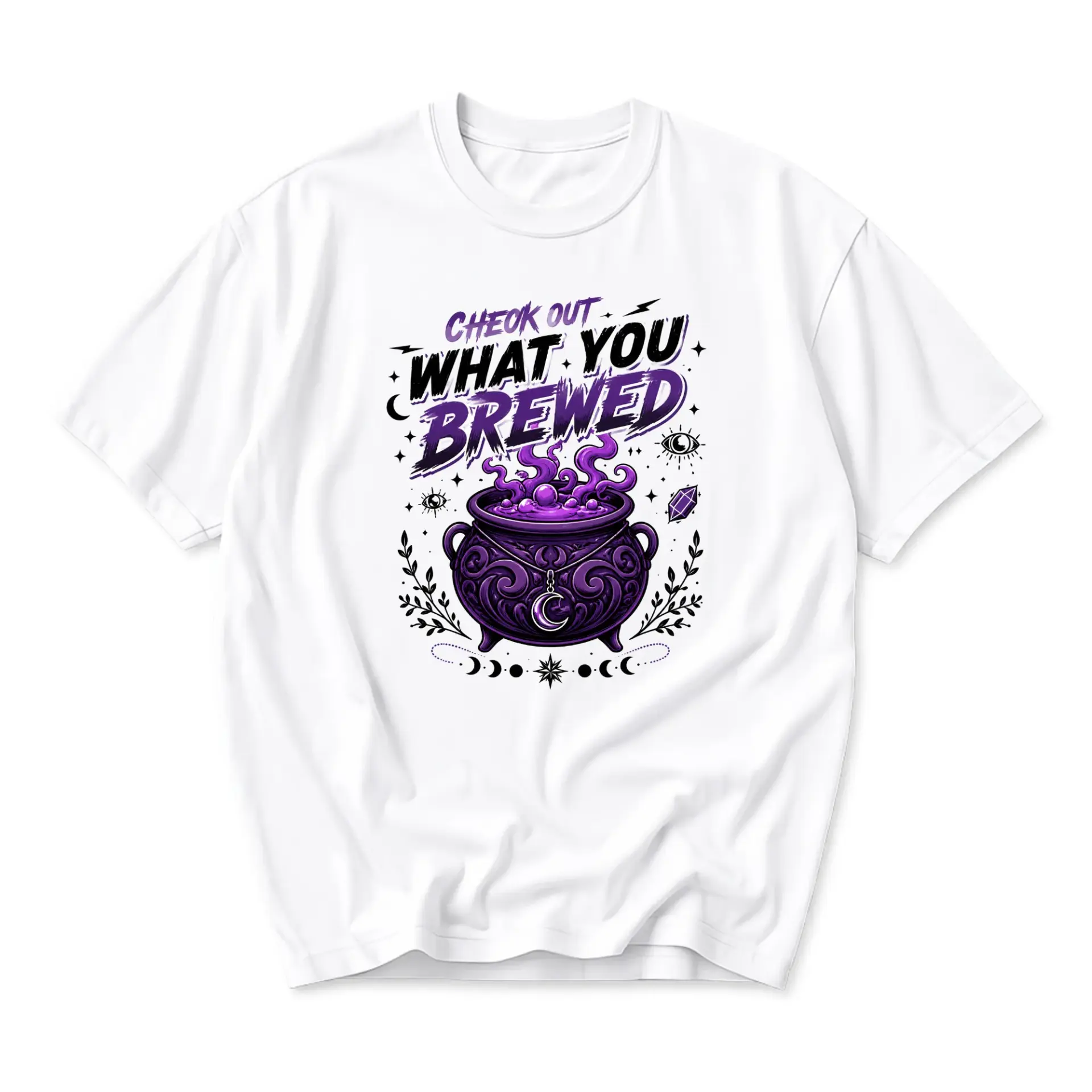 Funny Shirt Check Out What You Brewed Graphic Tee Featuring Magical Cauldron Design Unisex Crew Neck Casual Cotton
