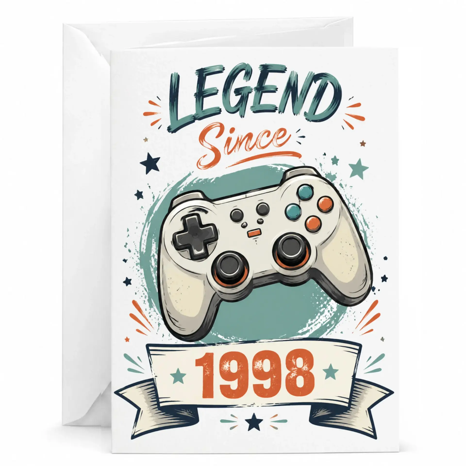 Greeting Card Legend Since 1998 Gaming Theme Birthday Note for Gamer Milestone Celebration with Matching White Envelope