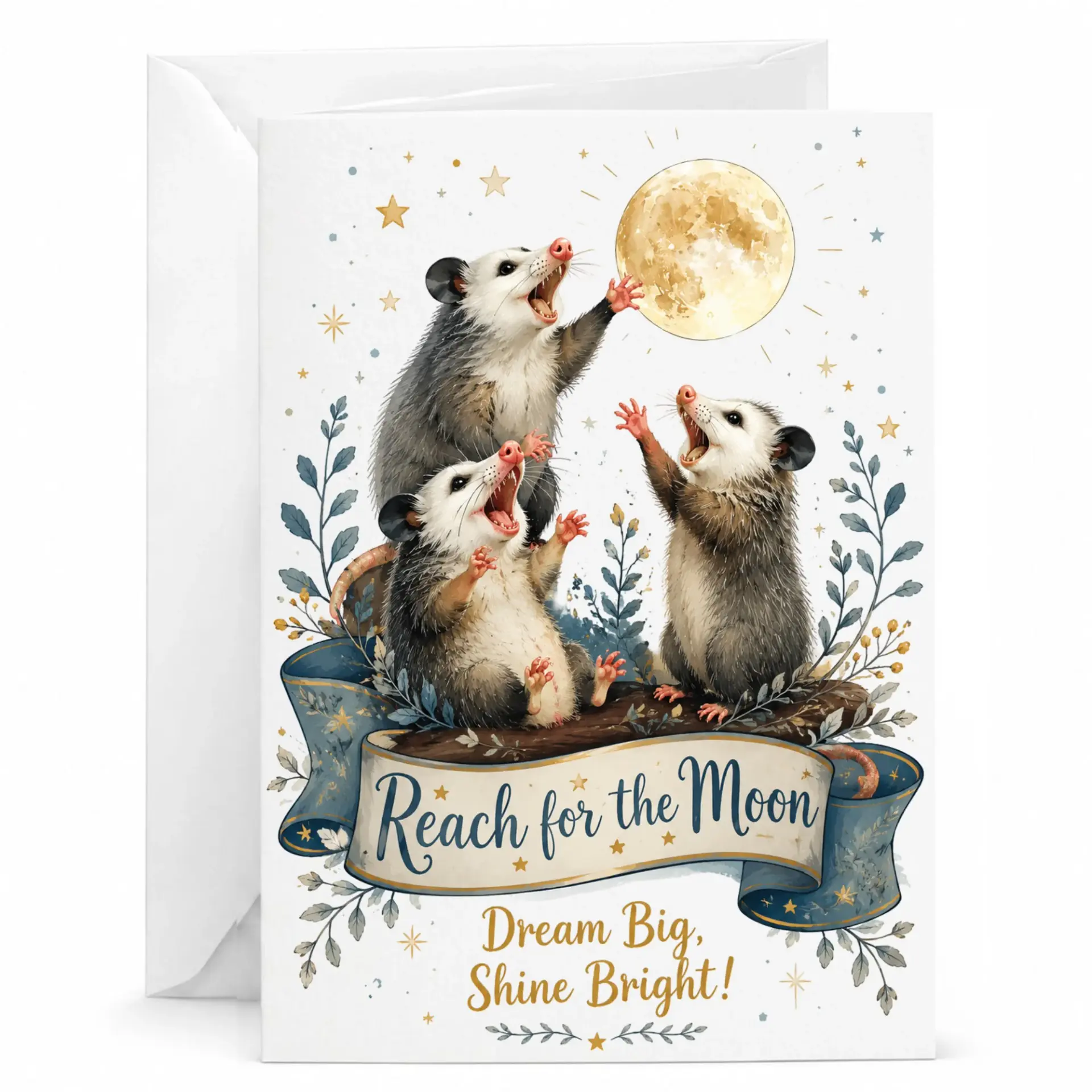 Funny Opossum Greeting Card for the Moon Inspirational Animal Art with Envelope Encouragement and Birthday