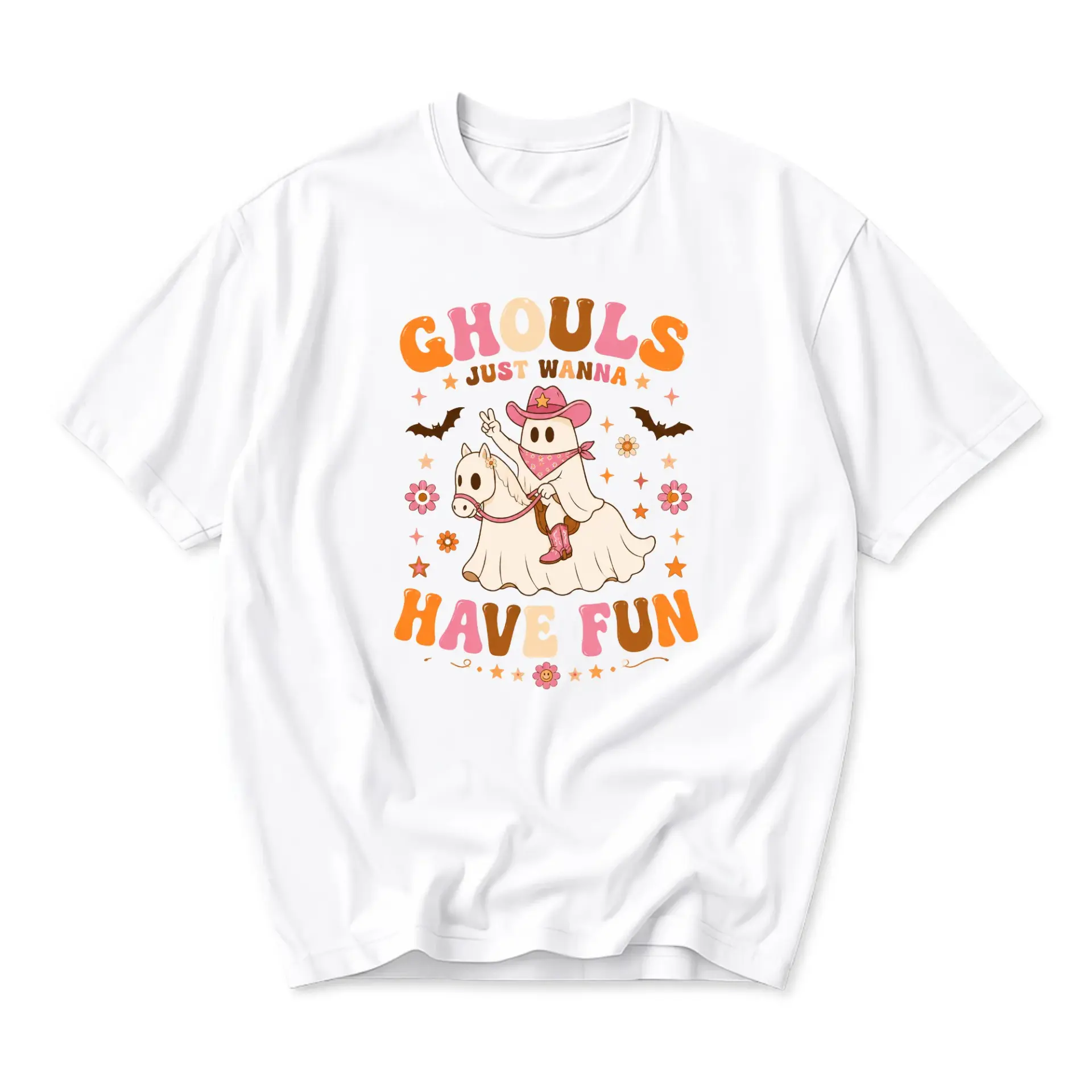 Graphic Tee Ghouls Just Wanna Have Fun Western Ghost Shirt Retro Cowboy Aesthetic Unisex Crew Neck Casual Cotton Top