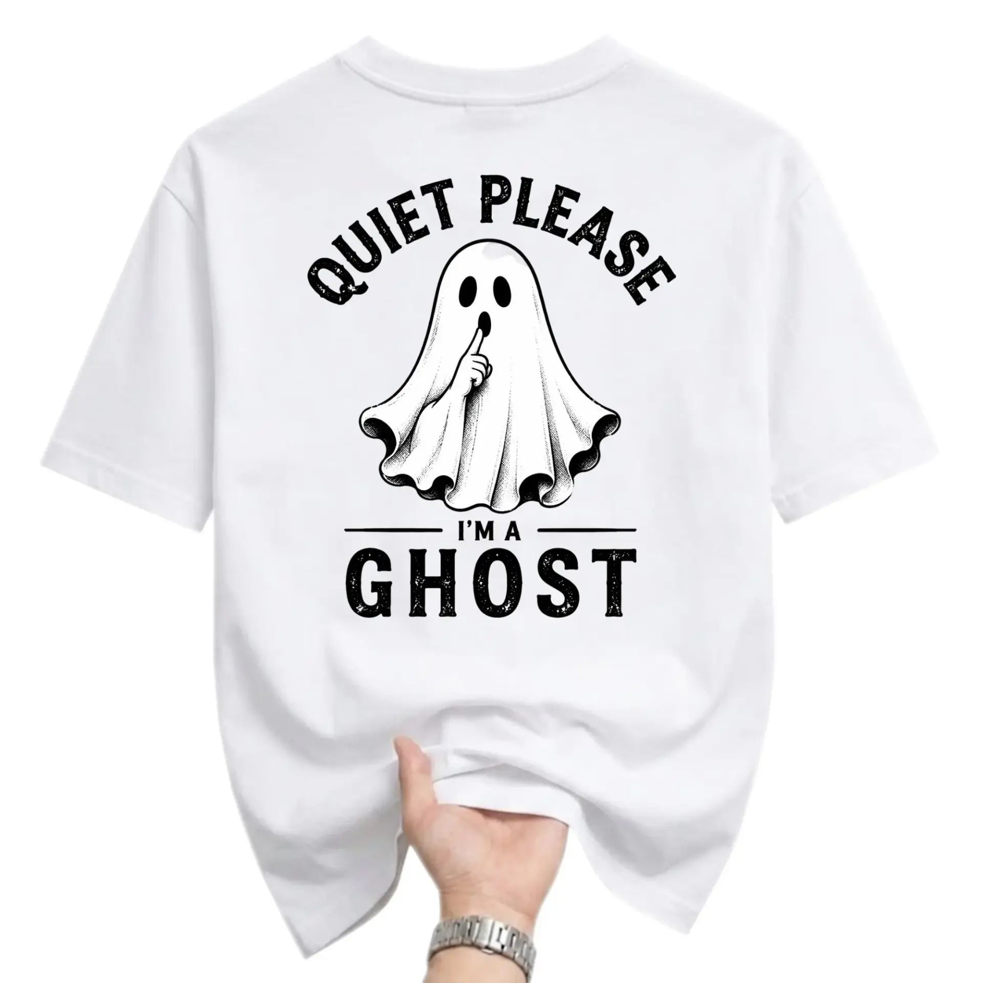 Funny Shirt Quiet Please I Am a Ghost Graphic Tee Humorous White Casual Cotton Crew Neck Short Sleeve Top for Adults