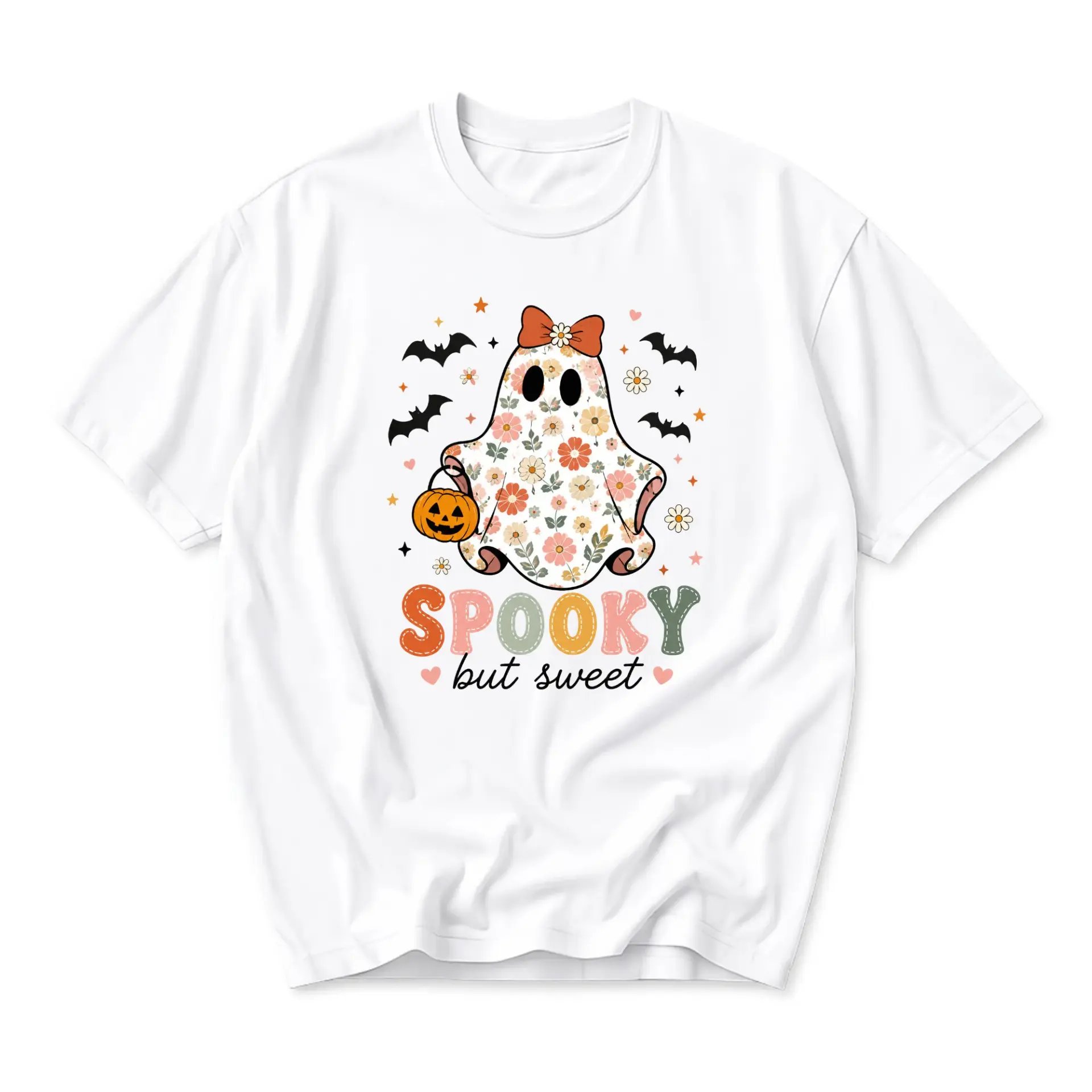 Graphic Tee Spooky but Sweet Floral Ghost Unisex Short Sleeve Casual Crew Neck Apparel for Everyday Seasonal Wear