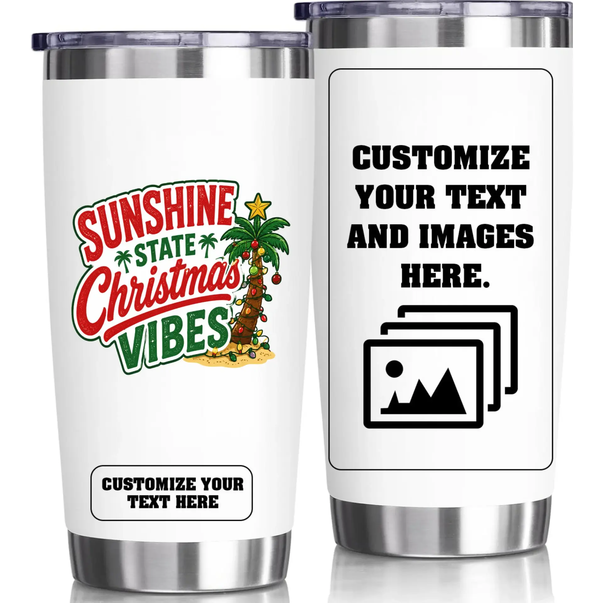 Stainless Steel Tumbler 20oz Sunshine State Christmas Vibes Travel Cup with Customizable Template Design for Beverages