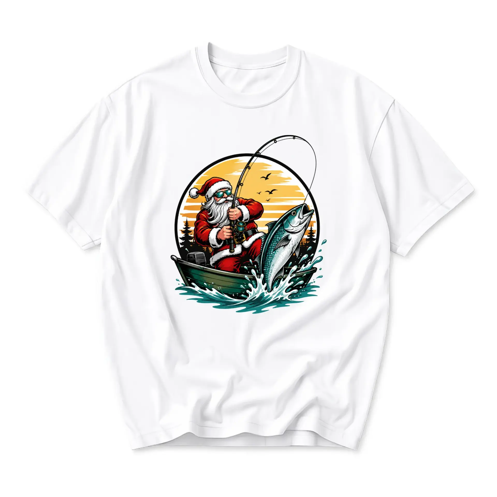 Graphic Tee Unisex Crew Neck T-Shirt Featuring Santa Claus Fishing Illustration Casual Short Sleeve Top for Men and Women