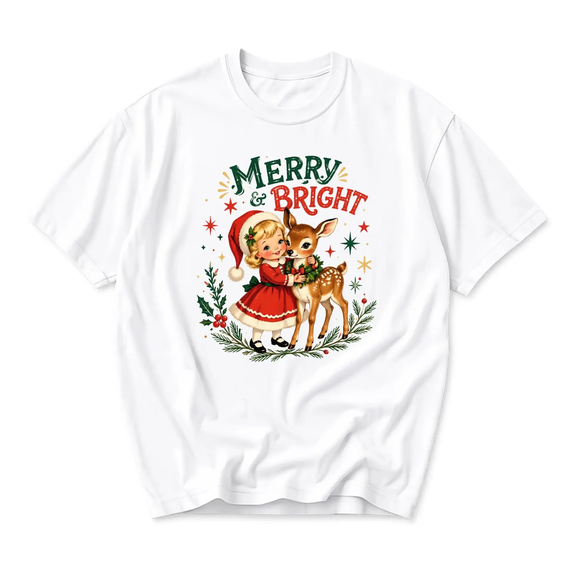 Funny Shirt Merry and Bright Vintage Style Graphic Tee Casual Holiday