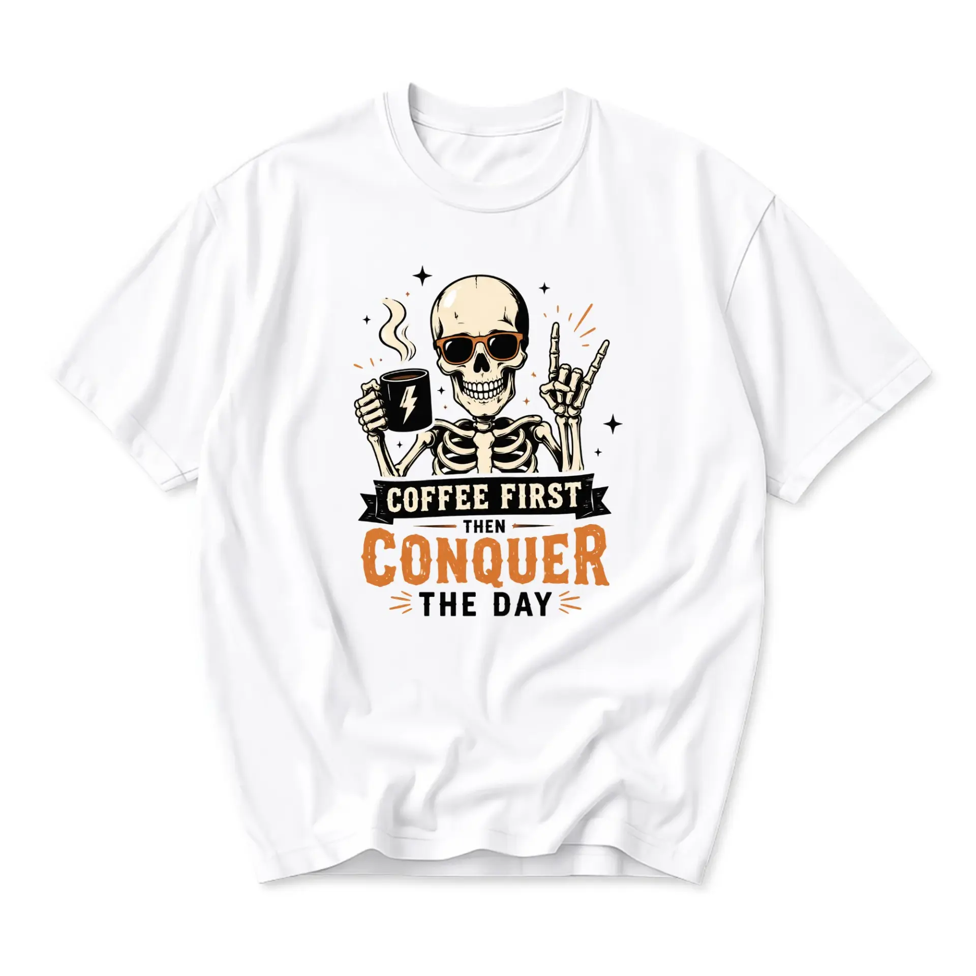 Funny Shirt Coffee First Then Conquer the Day Graphic Tee Unisex Casual Crew Neck Graphic Printed Apparel Gift