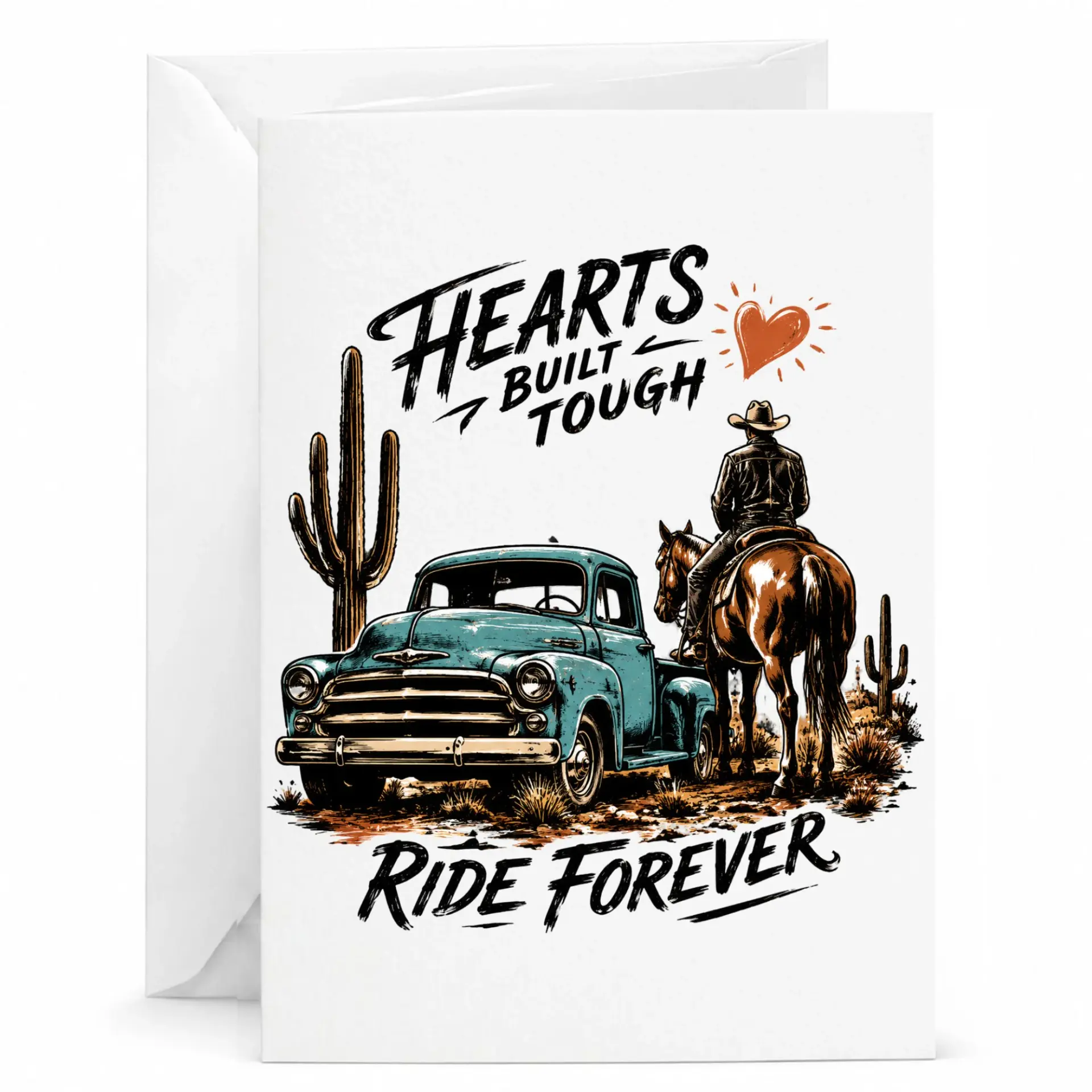 Greeting Card Hearts Built Tough Western Cowboy and Vintage Truck Artwork Printed Note Card for Any Special Occasion