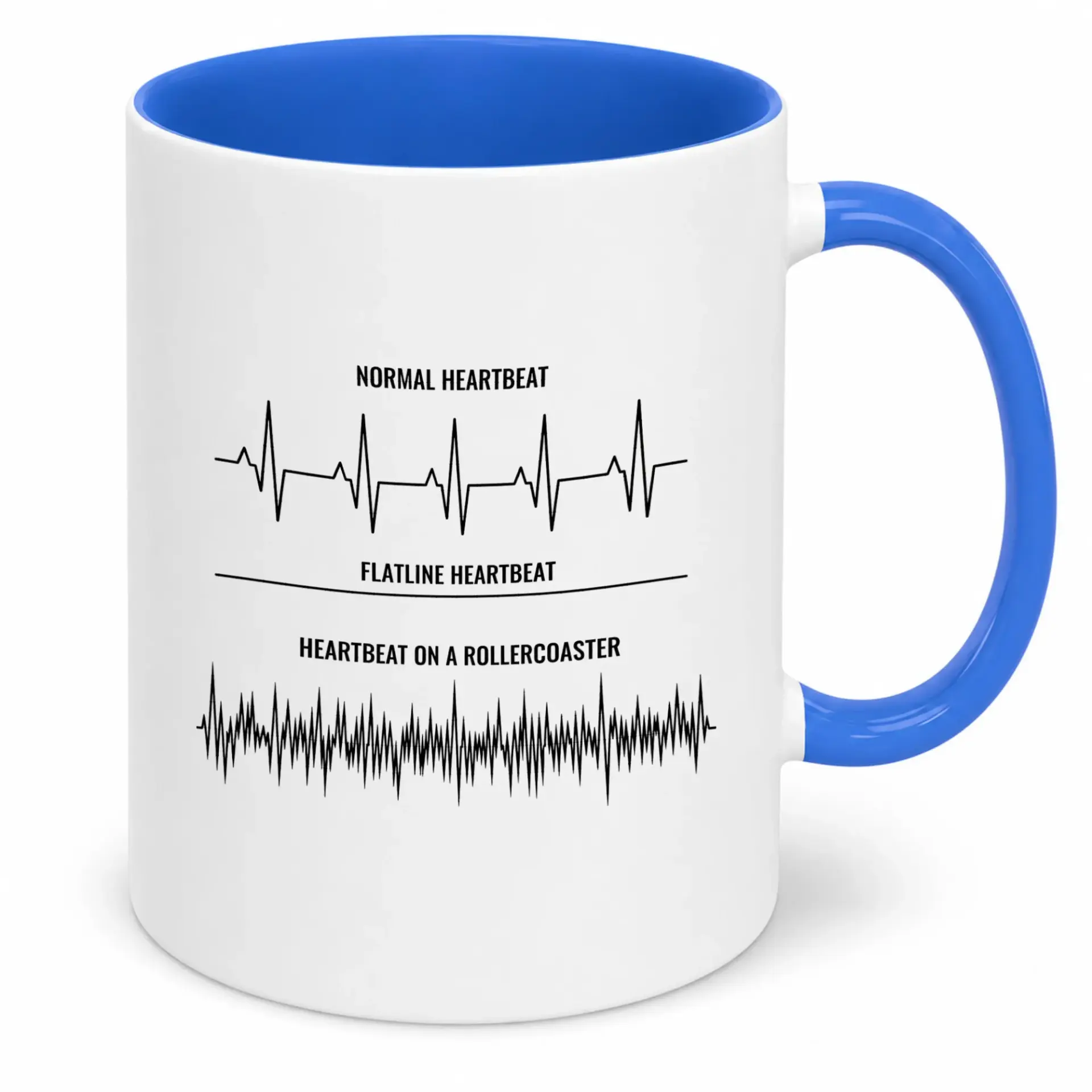 Funny Heartbeat Rollercoaster Ceramic Coffee Mug, 11 Oz or 15 Oz Premium White Cup with Blue Handle, Medical Themed Humorous Drinkware