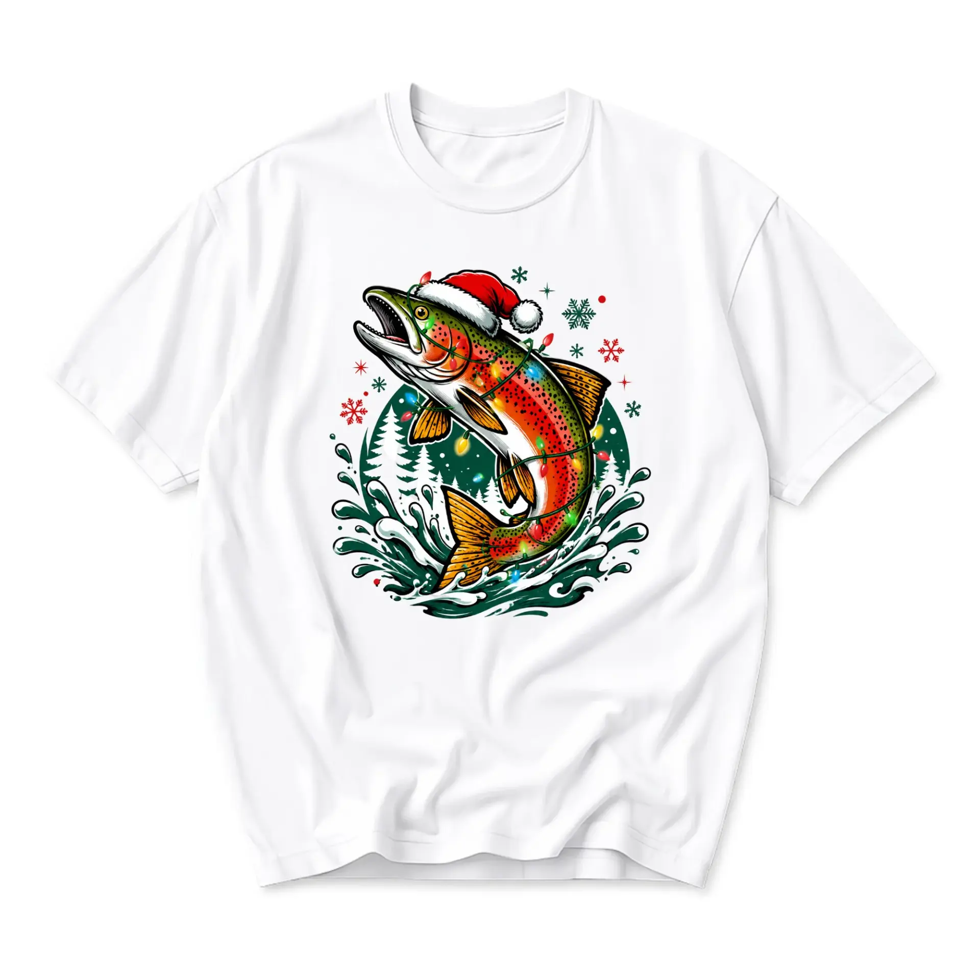 Graphic Tee Christmas Fishing Shirt Featuring Jumping Rainbow Trout Wearing