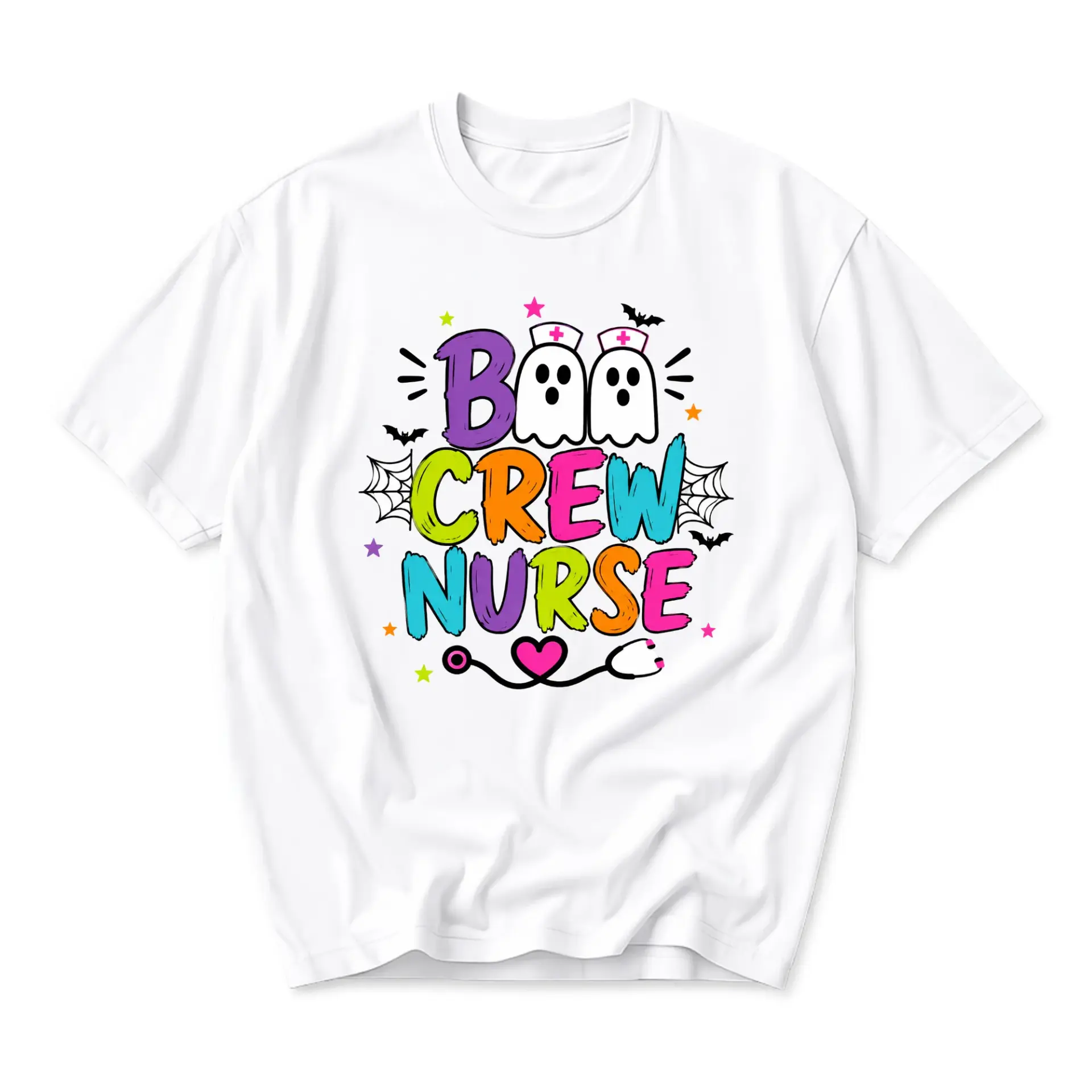 Graphic Tee Unisex Boo Crew Nurse Halloween Shirt Colorful Ghost Medical Profession Apparel for Healthcare Workers