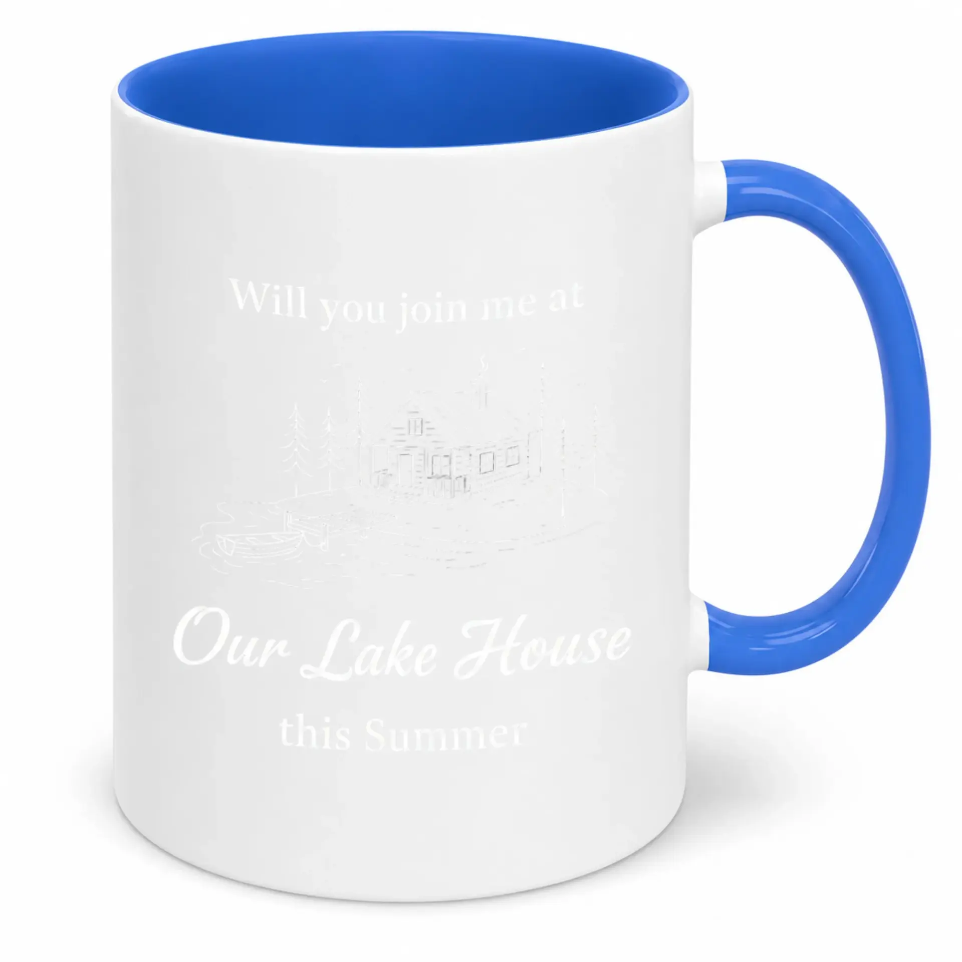 Lake House Themed Ceramic Coffee Mug with Blue Handle and Interior Vacation Home Drinkware for Relaxing Mornings 11oz or 15oz Capacity