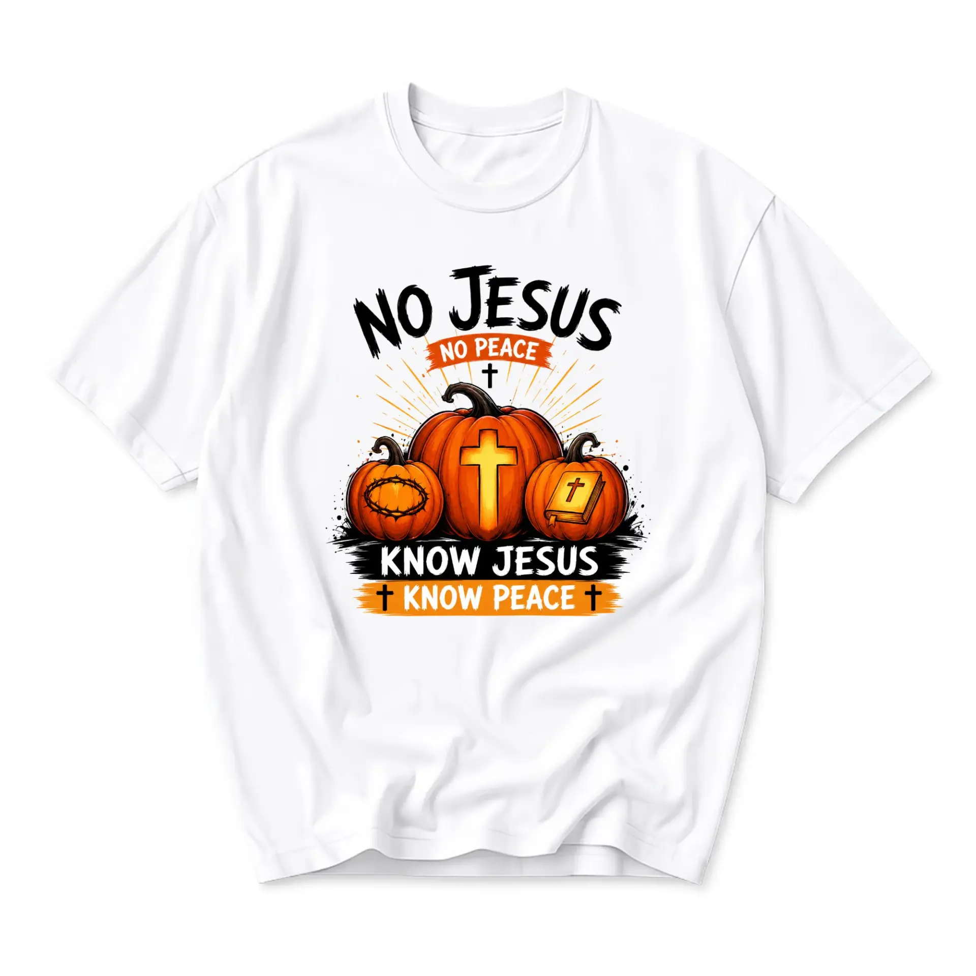 Funny Shirt No Jesus No Peace Know Jesus Know Peace Graphic Tee Autumn Pumpkin Religious Inspirational Christian Gift