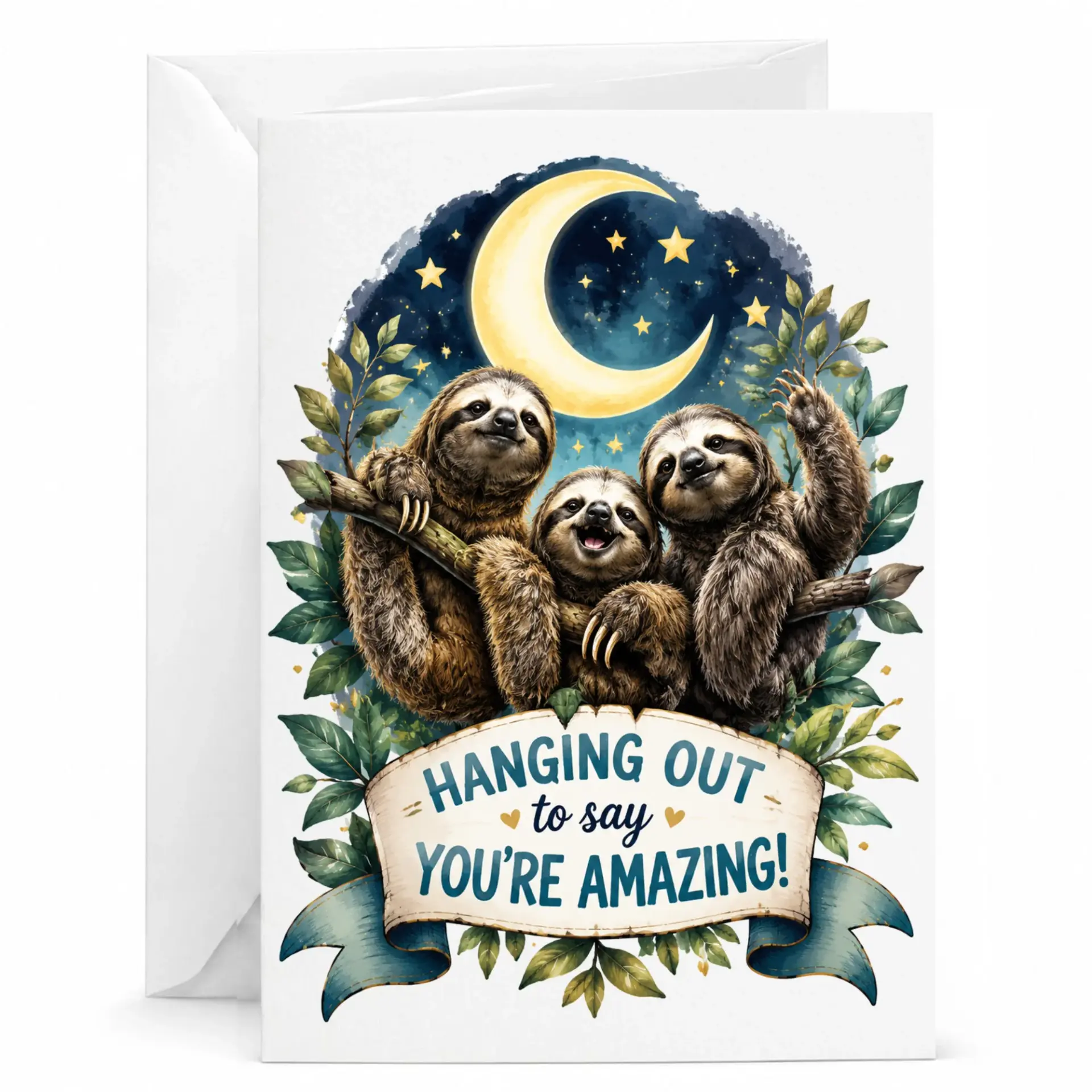 Funny Sloth Greeting Card Hanging Out to Say You Are Whimsical Animal Illustration with Moon and