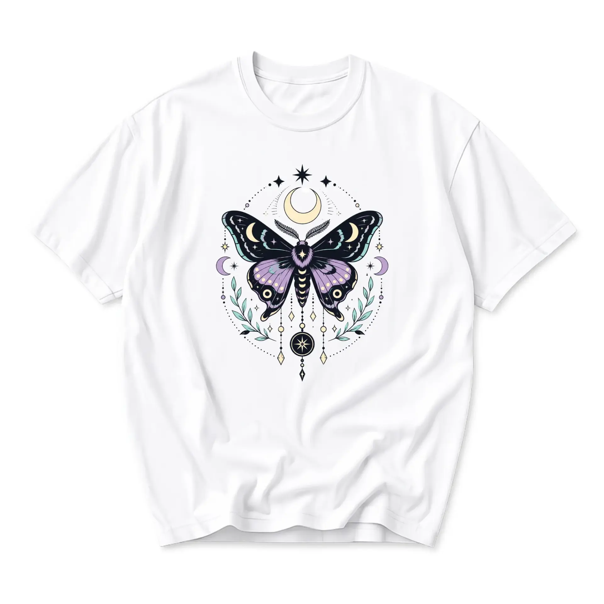 Graphic Tee Butterfly Moth Celestial Moon Stars Print Unisex Crew Neck Casual Everyday T-Shirt Short Sleeve Soft Cotton