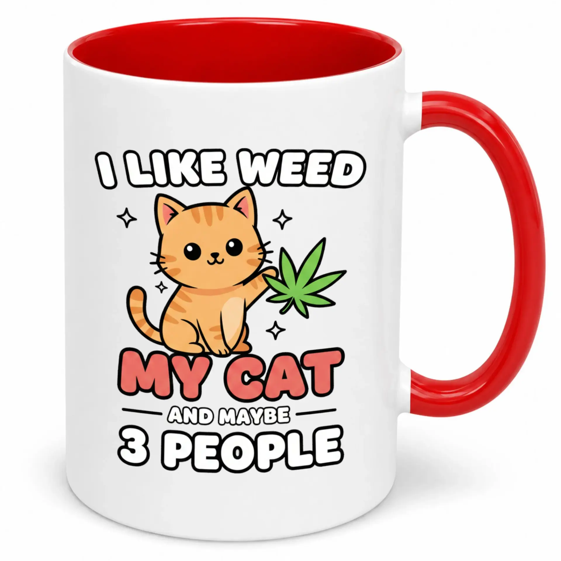 Funny Ceramic Coffee Mug with Cat and Cannabis Design 'i Like Weed My Maybe 3 People' Novelty Beverage Cup for Home or Office