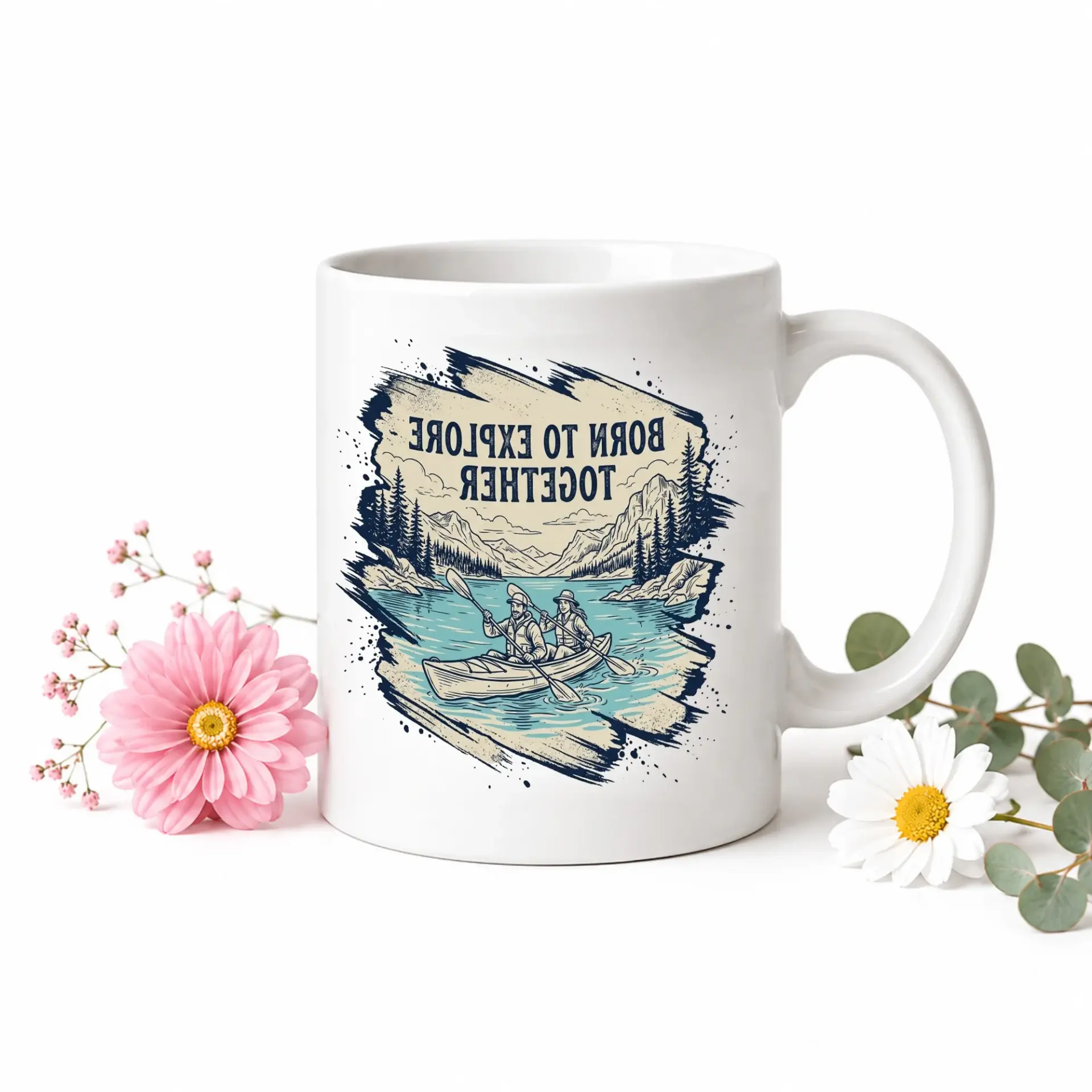 Born to Explore Together Ceramic Coffee Mug with Blue Accent Handle for Adventure Lovers and Outdoor Enthusiasts Alike