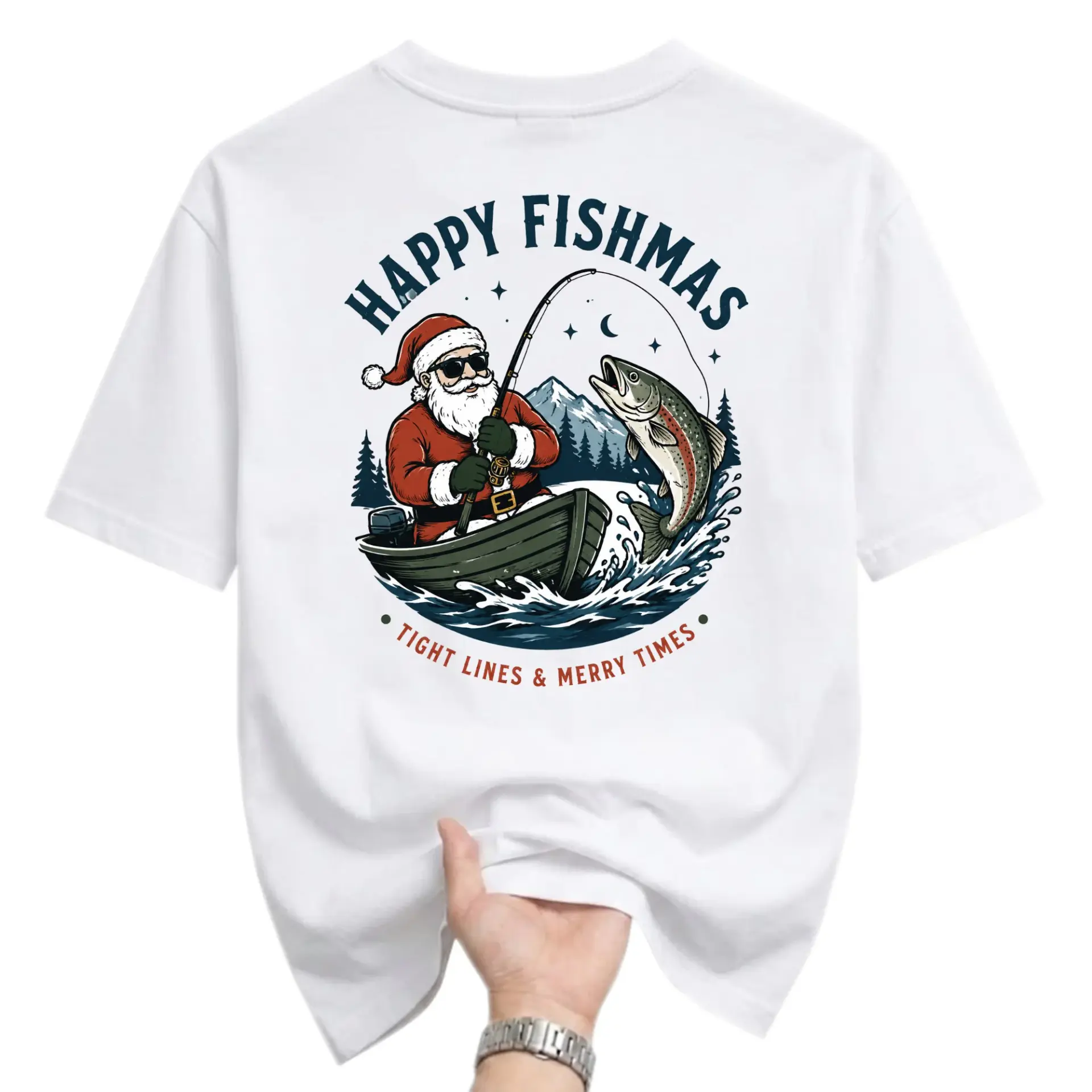 Funny Shirt Happy Fishmas Fishing Santa Graphic Tee Holiday Fisherman Gift Unisex Crew Neck Short Sleeve Casual Top