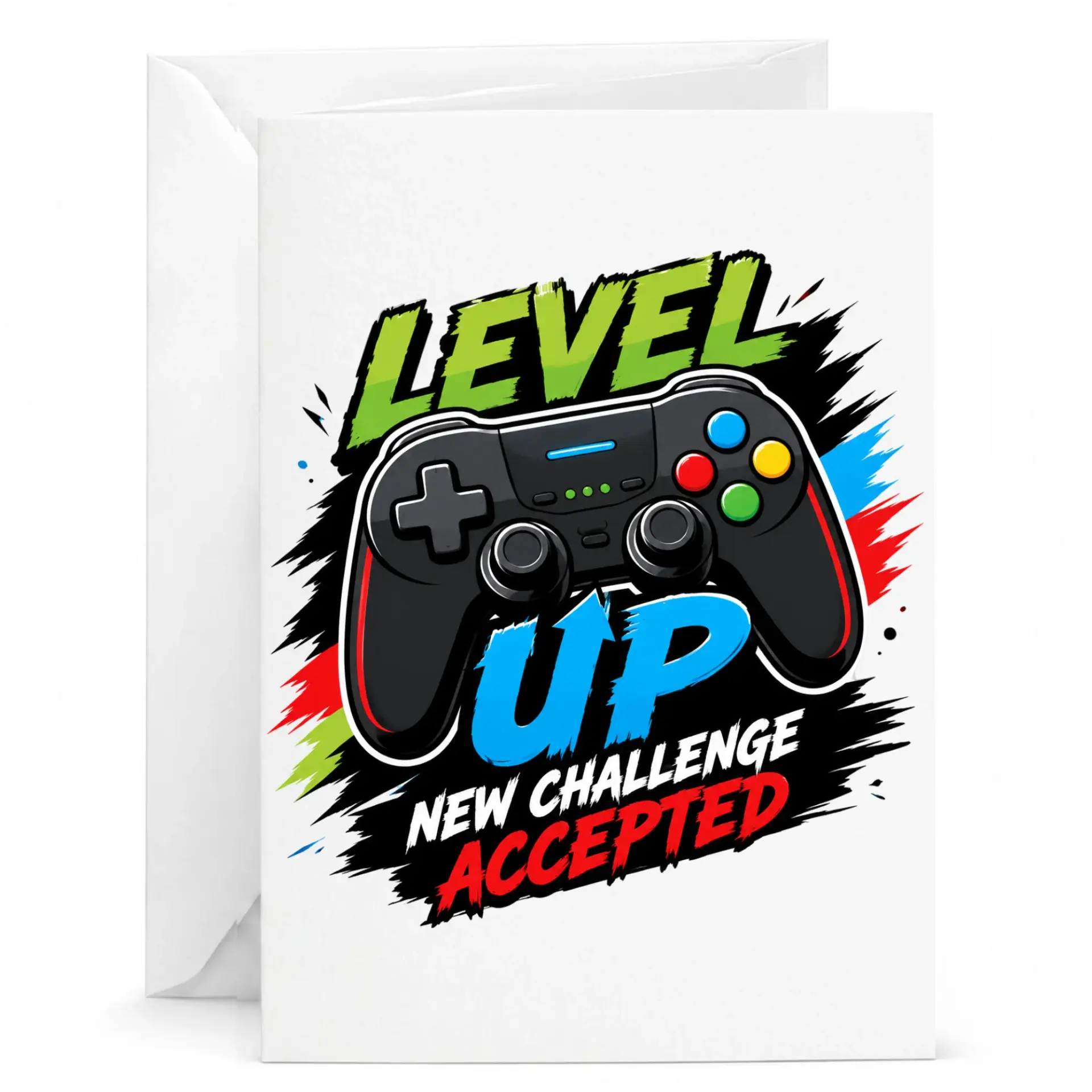 Funny Gaming Birthday Card Level up New Challenge Accepted Greeting Card for Gamers with Matching White Envelope