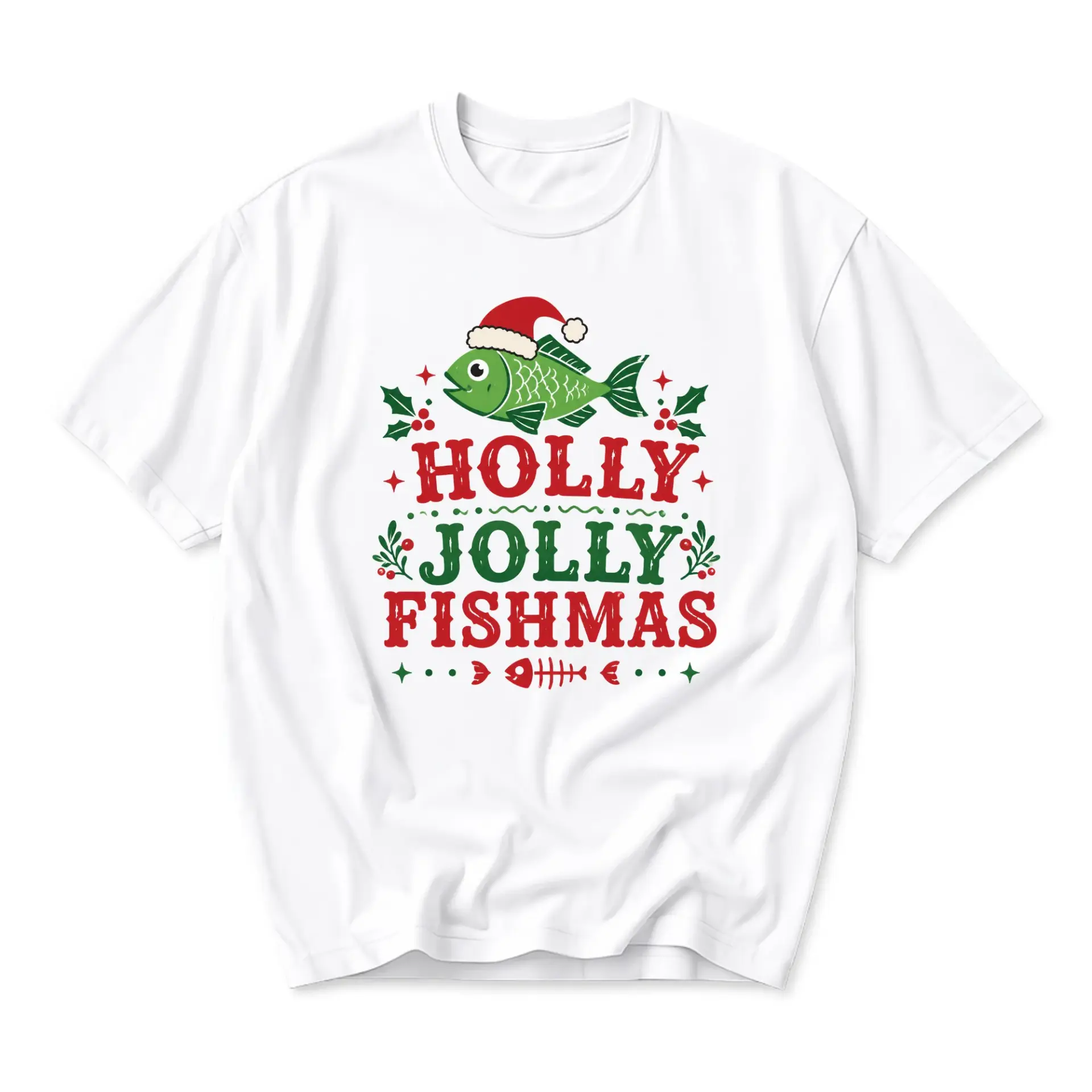 Funny Shirt Holly Jolly Fishmas Graphic Tee Unisex Crew Neck Holiday Apparel for Fishing Enthusiasts White