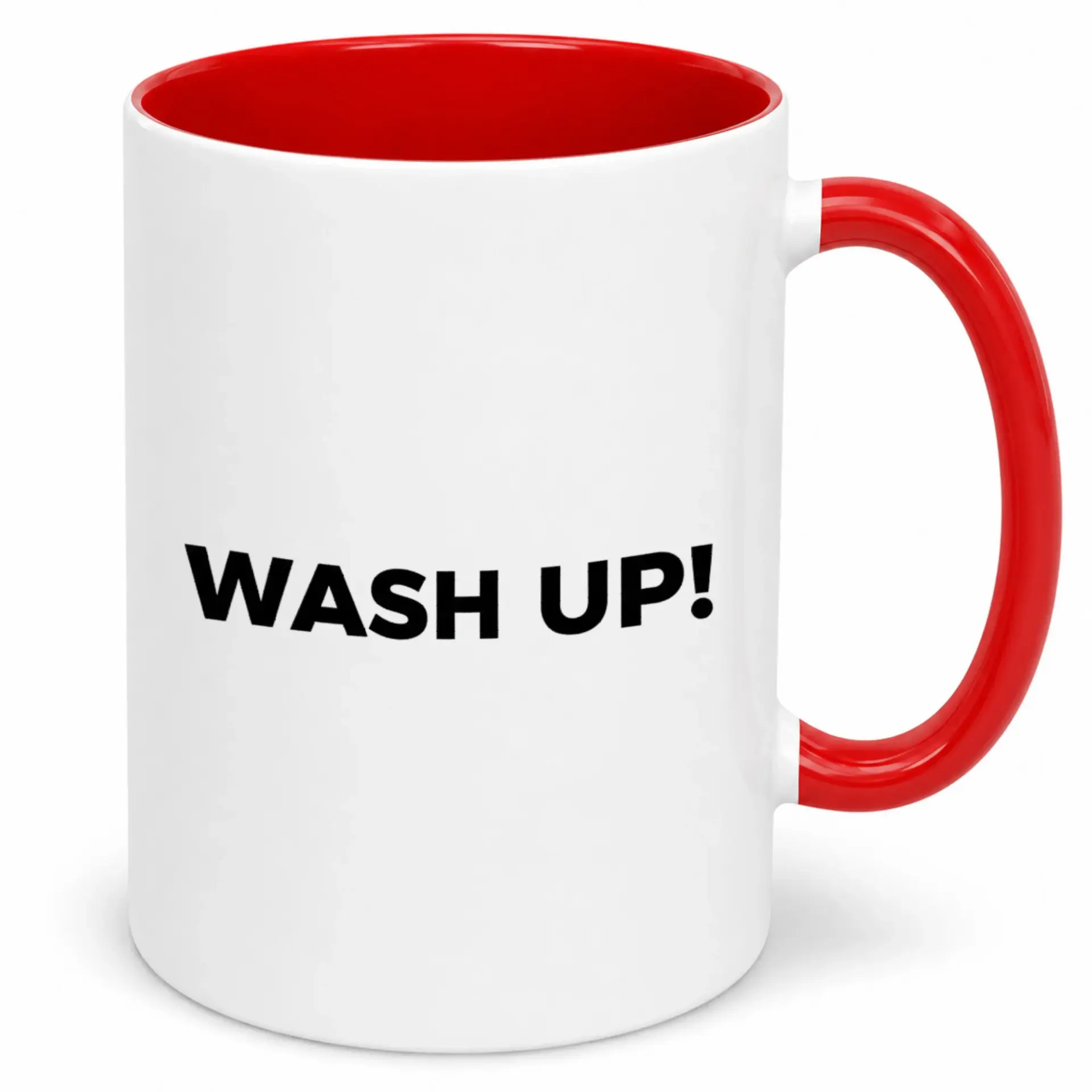 Funny Ceramic Coffee Mug with Red Handle and Interior Slogan Drinkware, 'wash Up!' Motivational Message Cup for Home Kitchen Office Desk, 11oz or 15oz Capacity Beverage Holder