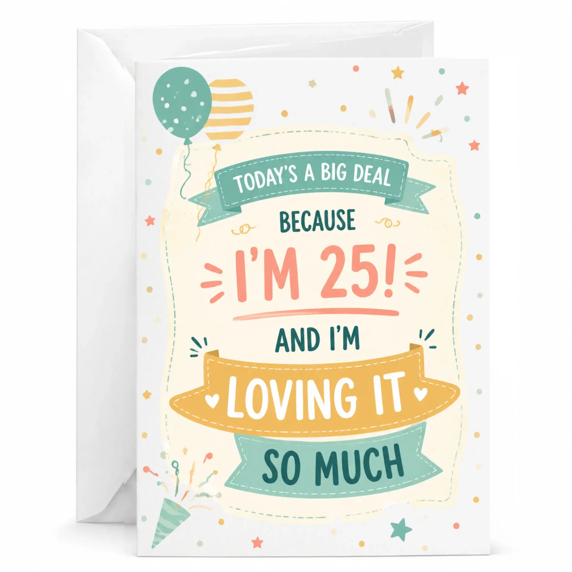 Birthday Card Celebrating Twenty Fifth Year Funny Illustrated Design with Balloons and Confetti 5x7 Inches Folded Greeting