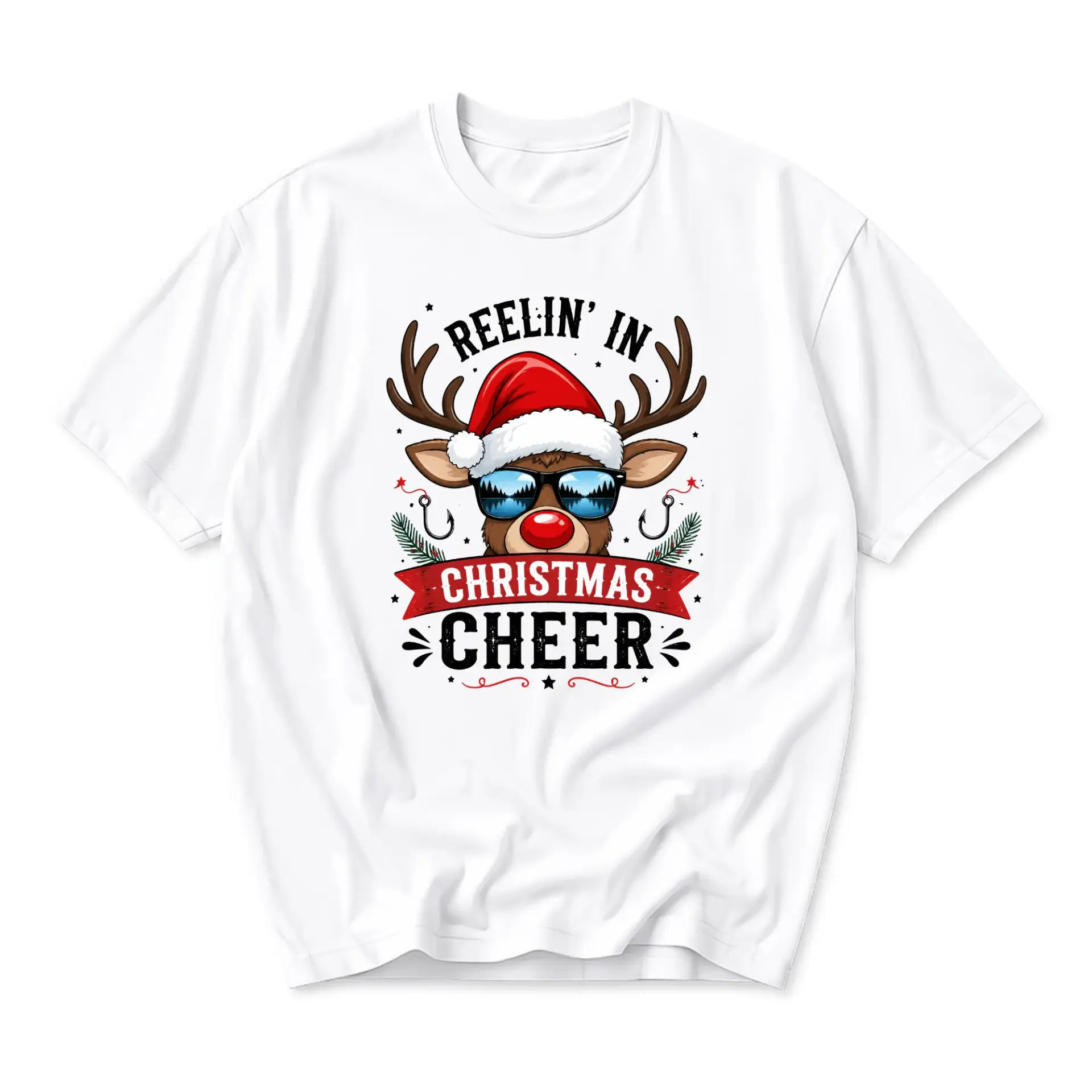 Funny Shirt Reelin in Christmas Cheer Reindeer Graphic Tee Holiday Fishing