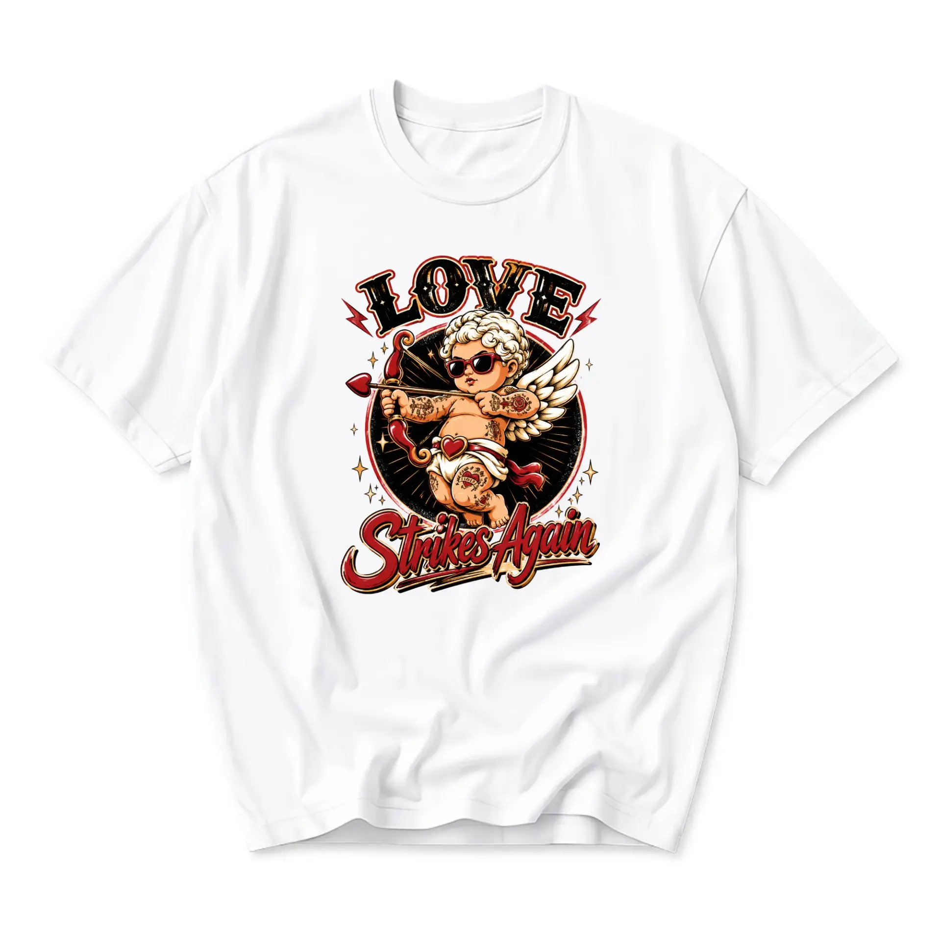 Graphic Tee Love Strikes Again Cupid T-Shirt Retro Tattoo Style Illustration Casual Unisex Cotton Crew Neck Top