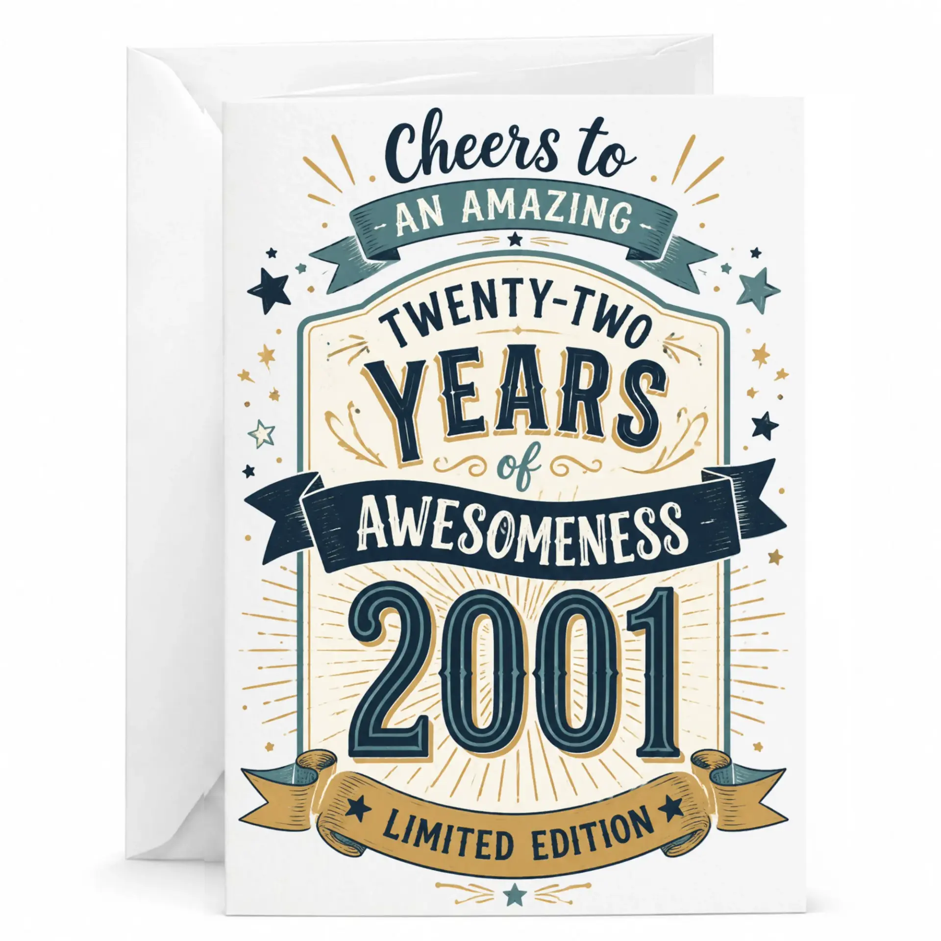 Birthday Card for 22nd Birthday, Twenty-Two Years of Awesomeness 2001 Vintage Style Printed Greeting Card with Envelope