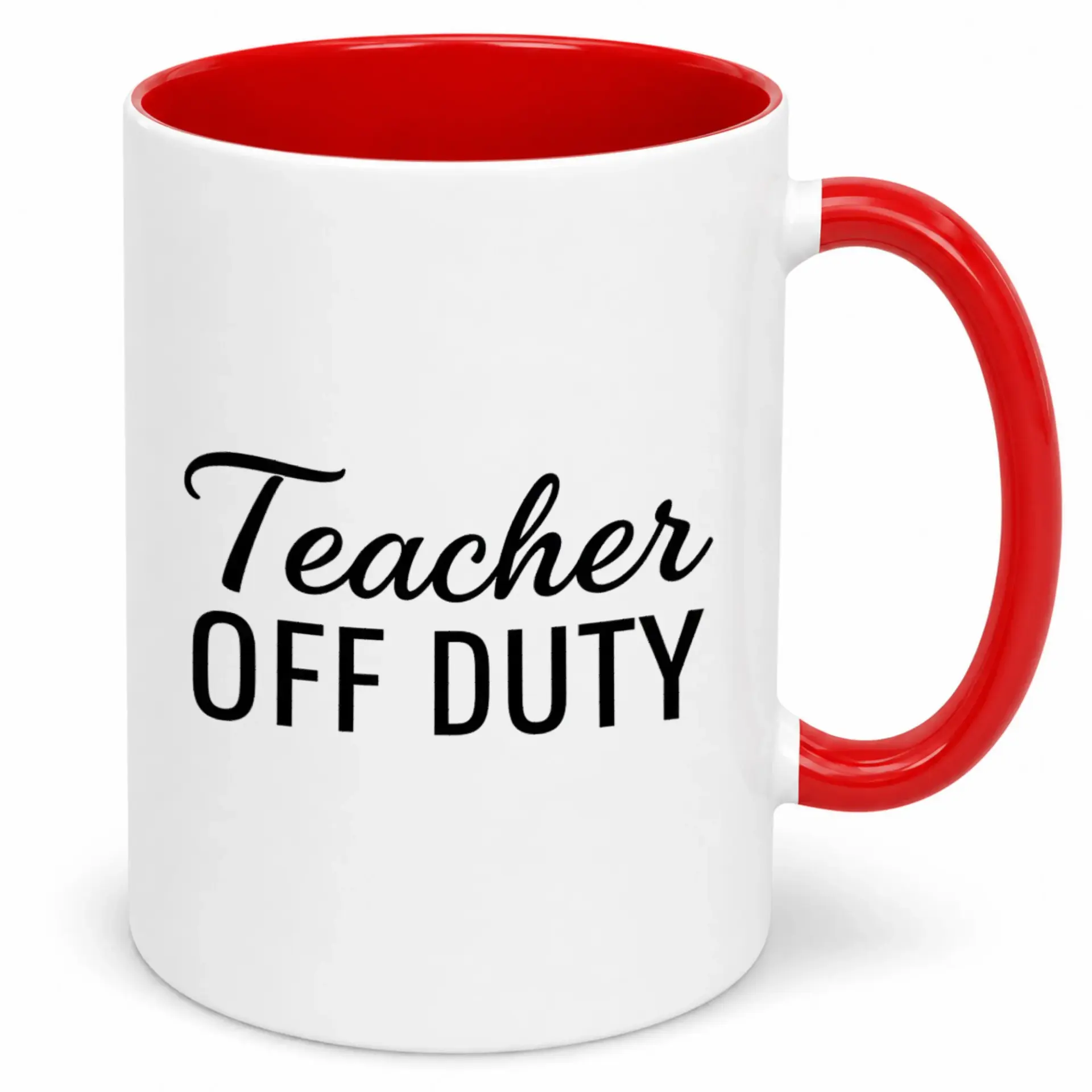 Funny Teacher Off Duty Coffee Mug Premium 11oz or 15oz White Ceramic Tea Cup with Red Handle for Educators Appreciation Gift Work or Home