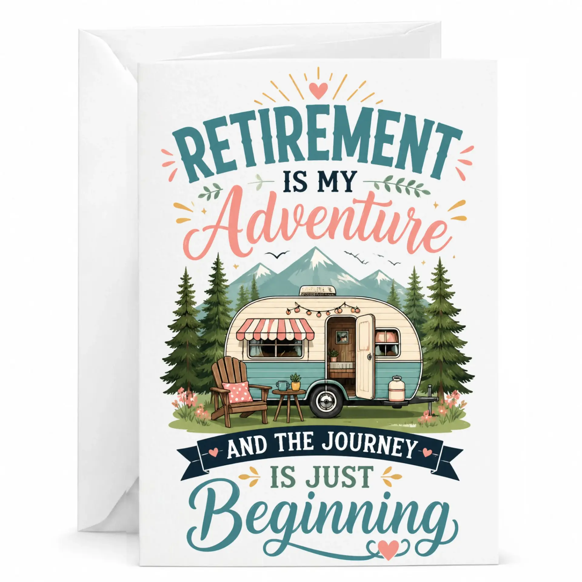 Retirement Greeting Card for Travel Enthusiasts Featuring Vintage Camper and Mountain Adventure Theme Folded 5x7