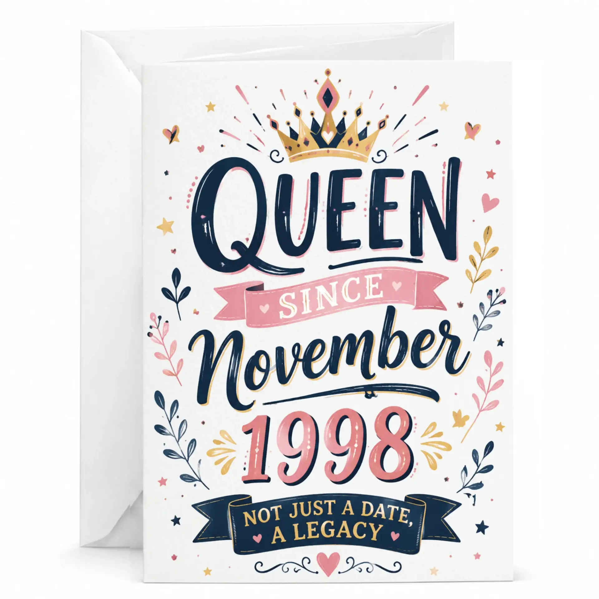 Greeting Card Queen Since November 1998 Birthday Card Elegant Crown Design with Vintage Inspired Typography