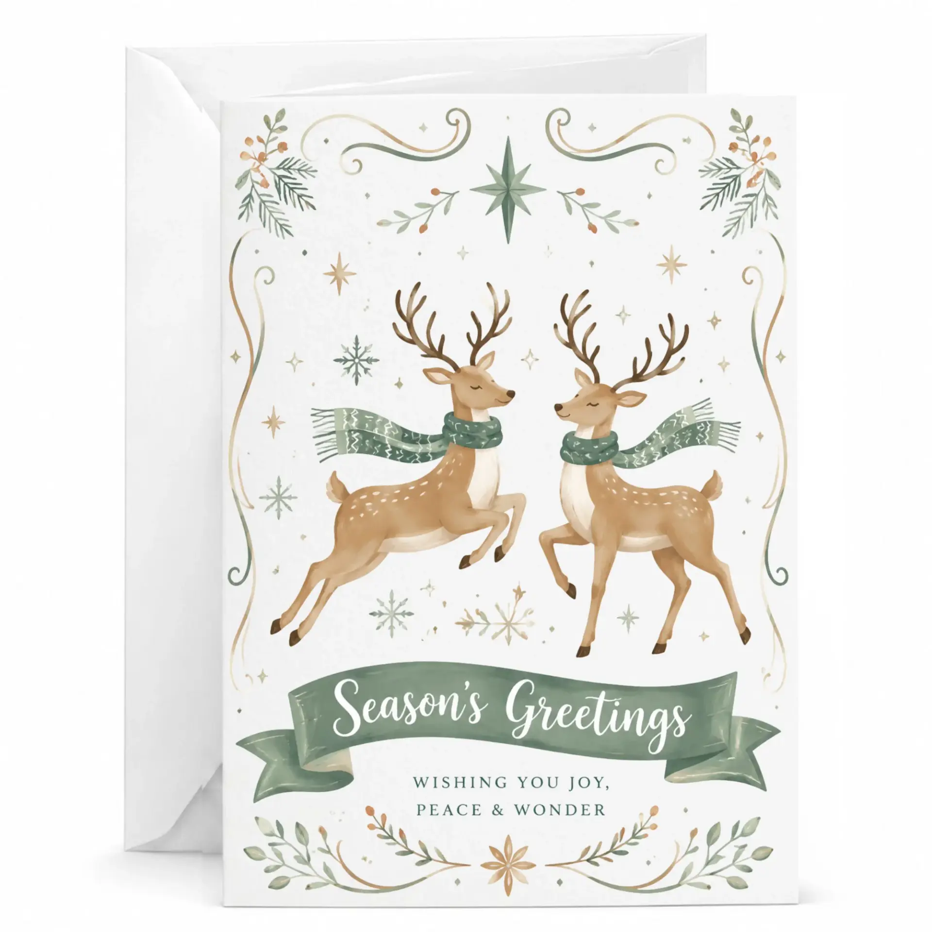 Season's Greetings Holiday Greeting Card with Reindeer Design and Matching Envelope for Seasonal Well Wishes