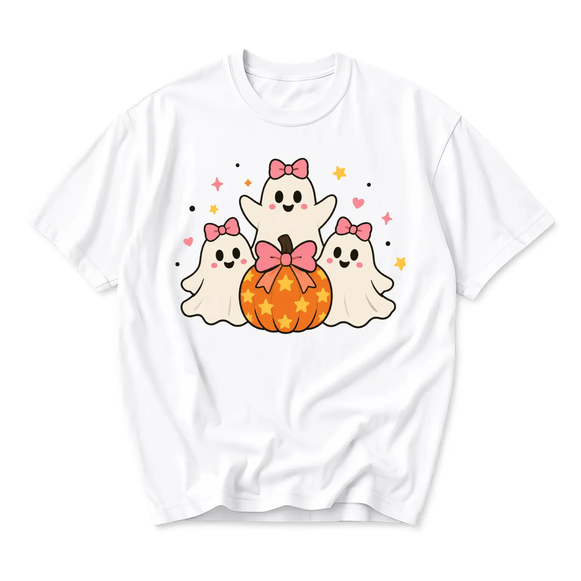 Graphic Tee Cute Ghosts with Bows and Pumpkin Print Autumn Seasonal Fall Apparel Unisex Crew Neck Short Sleeve Shirt