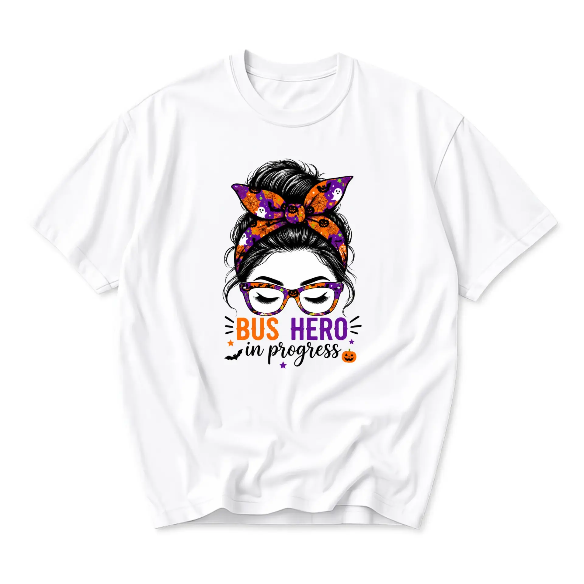 Graphic Tee Bus Hero in Progress T-Shirt Women Messy Bun Fall Halloween Short Sleeve Unisex Crew Neck Casual Top