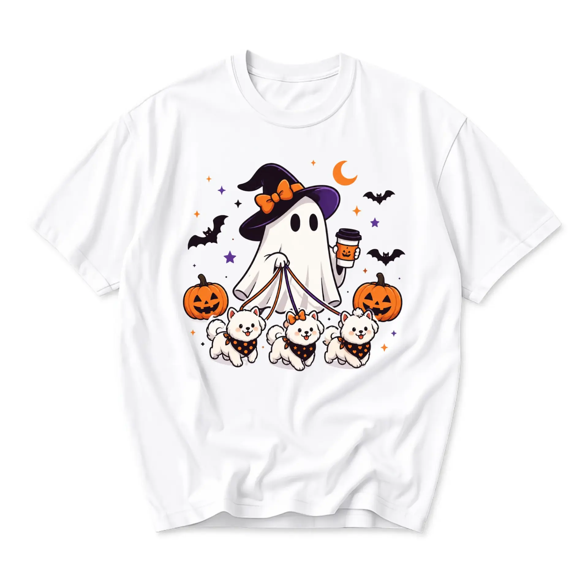 T-shirt Halloween Ghost Walking Puppies Graphic Tee Cute Autumn Seasonal Crew Neck Casual Unisex Cotton Top Apparel