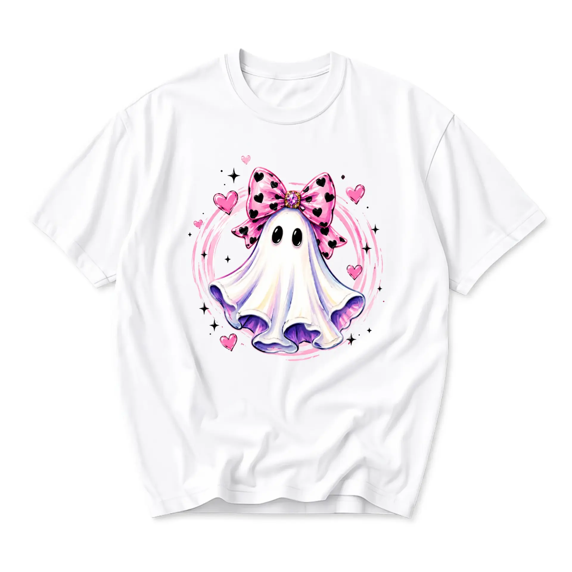 Graphic Tee Cute Ghost Wearing Pink Bow with Hearts Unisex Short Sleeve Crew Neck Casual Cotton Blend T-Shirt Top