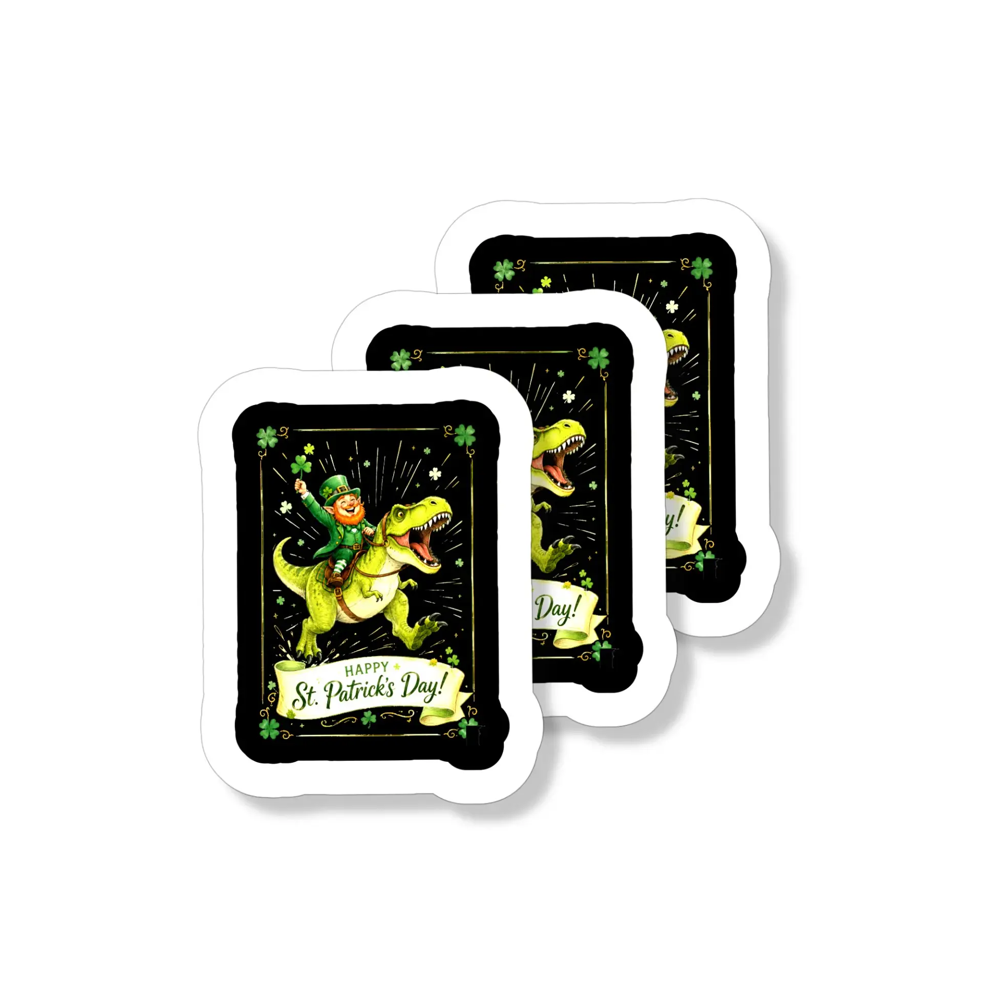 Vinyl Sticker Pack Featuring a Green Dinosaur with a Leprechaun Rider for St Patricks Day Festive Decorations