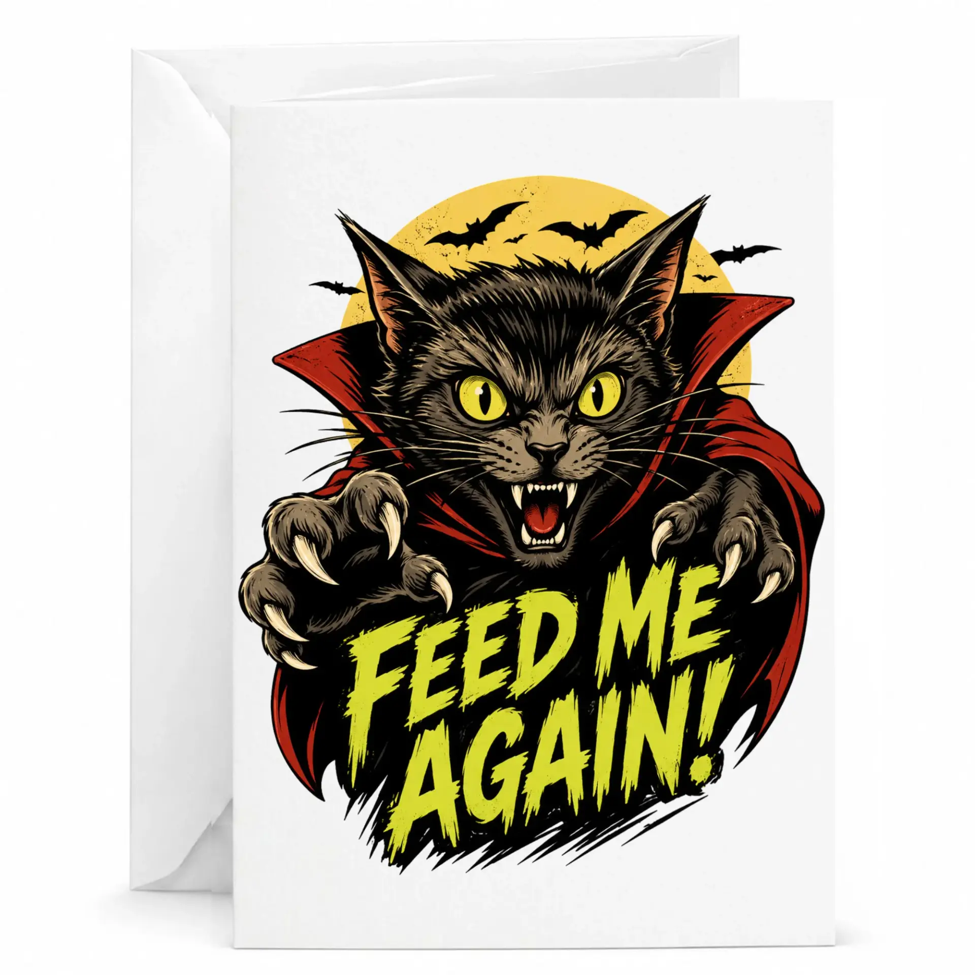 Funny Vampire Cat Greeting Card Spooky Kitten Art for Pet Lovers Whimsical Halloween Style Notecard with Envelope