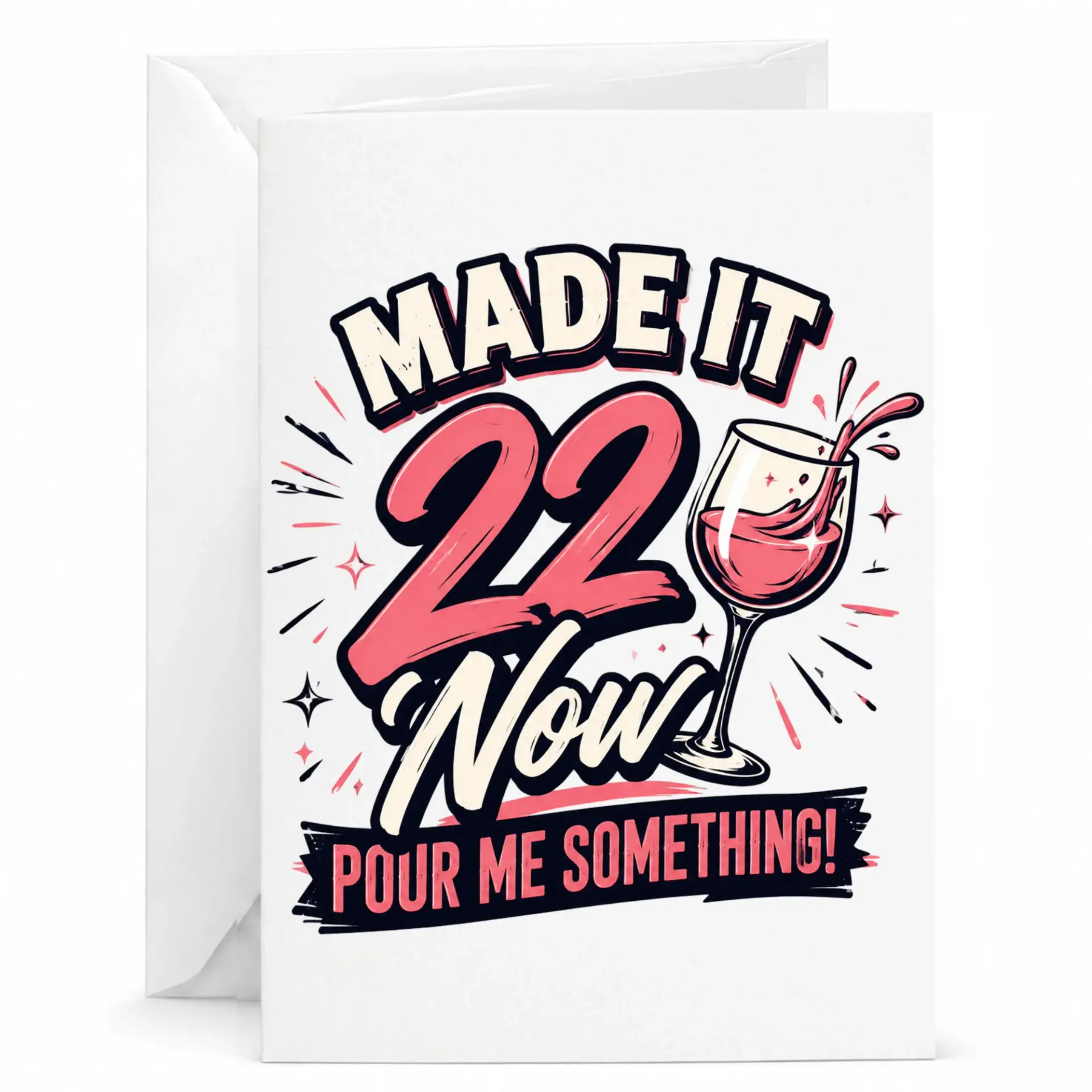 Funny Birthday Card Made It 22 Now Pour Me Something Wine Greeting Card for Milestone Birthday Celebration 5x7 Inches