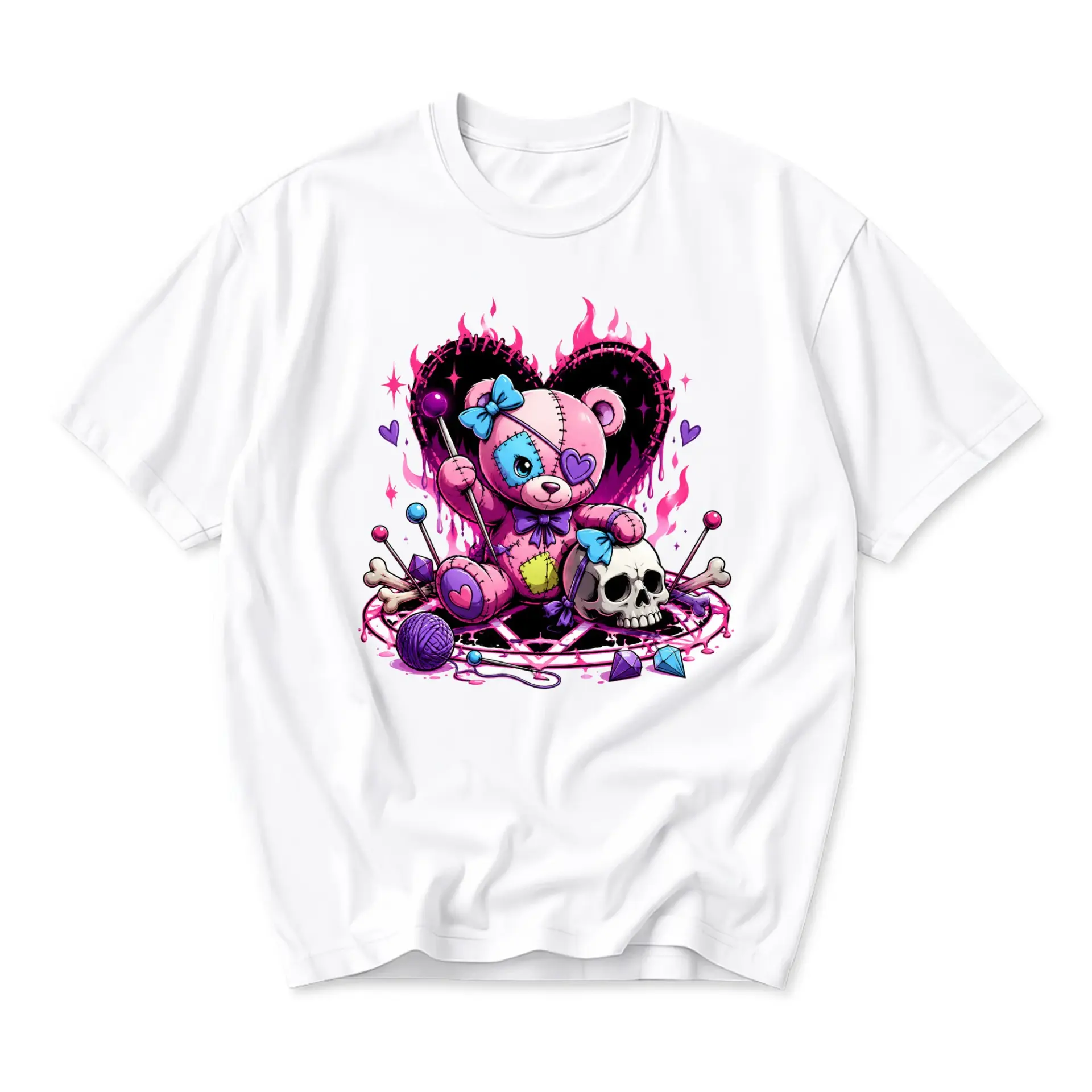 Graphic Tee Unisex Crew Neck T-Shirt Featuring Pink Teddy Bear and Skull Illustration for Casual Everyday Style