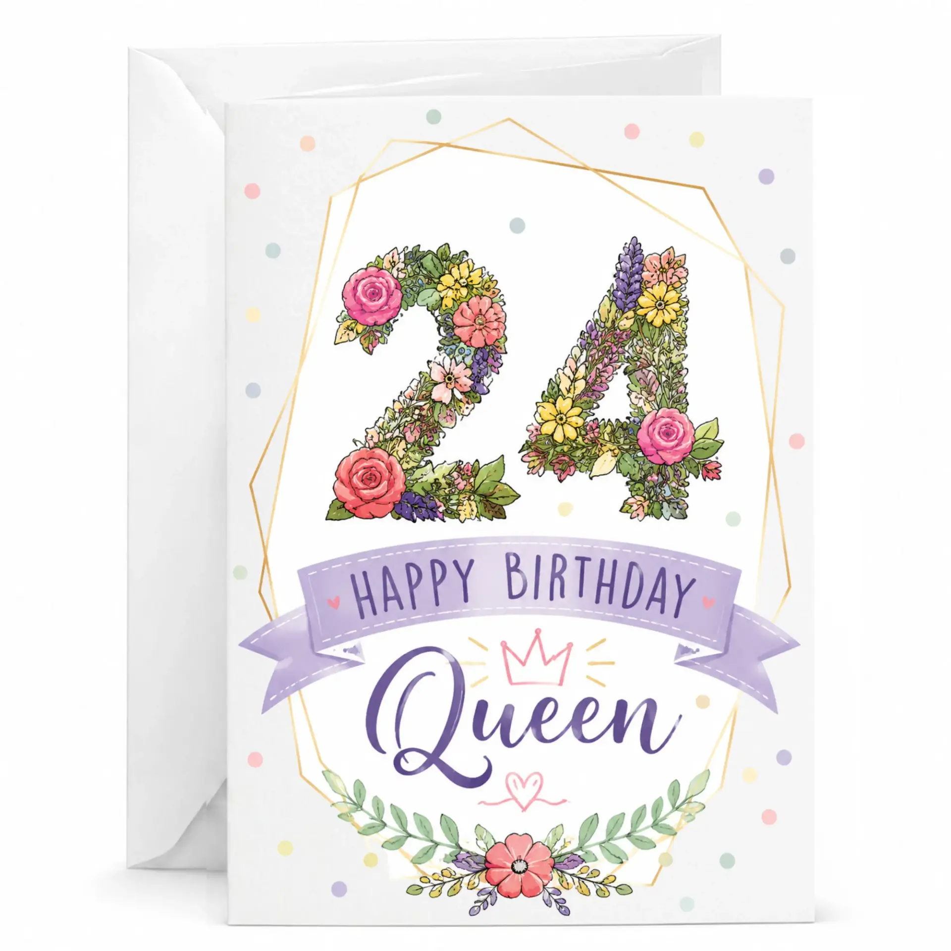 Birthday Card 24th Floral Themed Greeting Card Elegant Botanical Design with Crown Graphic for Her 5x7 Inch Paper Note