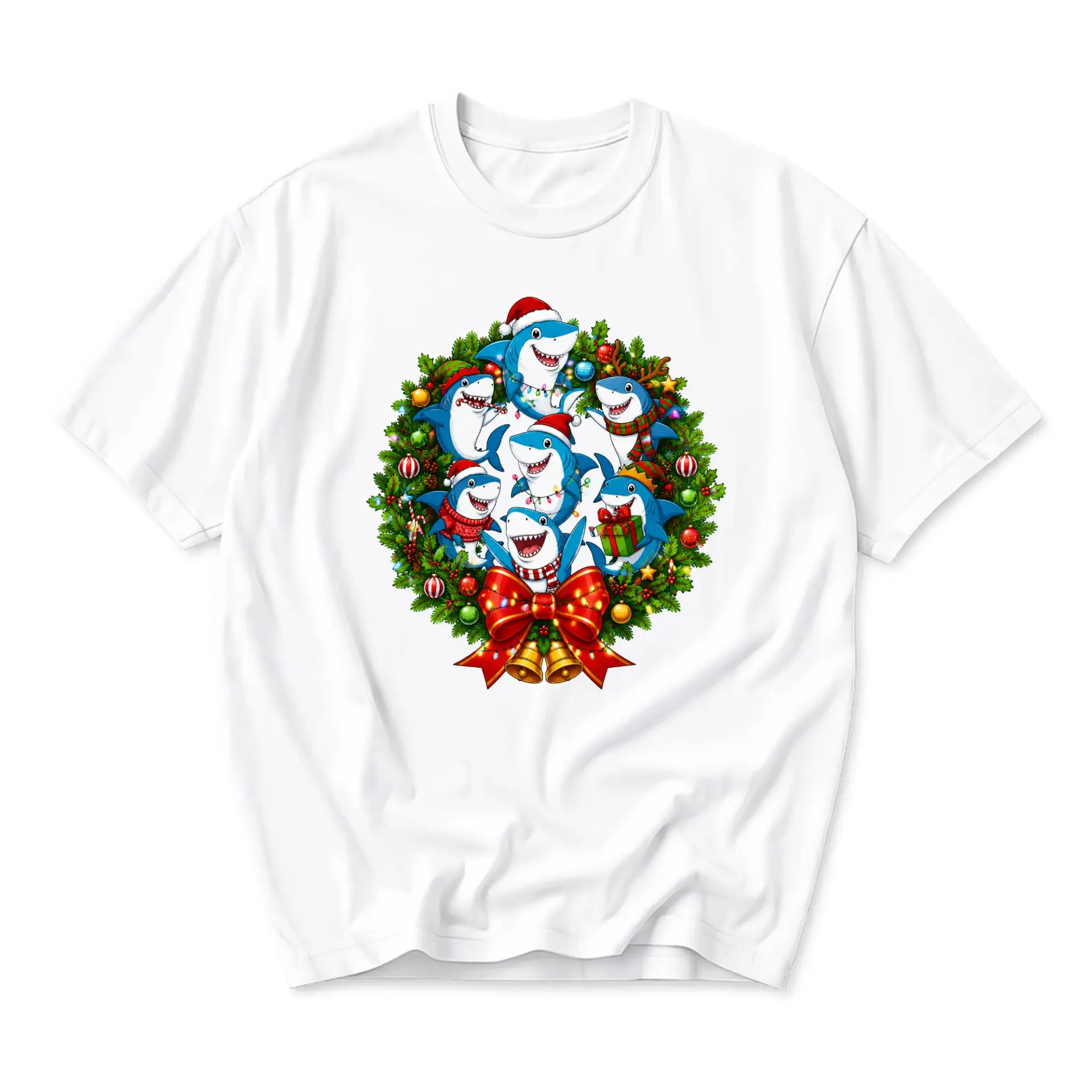 Graphic Tee Unisex Christmas Shark Wreath Holiday Print Crew Neck Soft Cotton Casual Apparel for Every Season