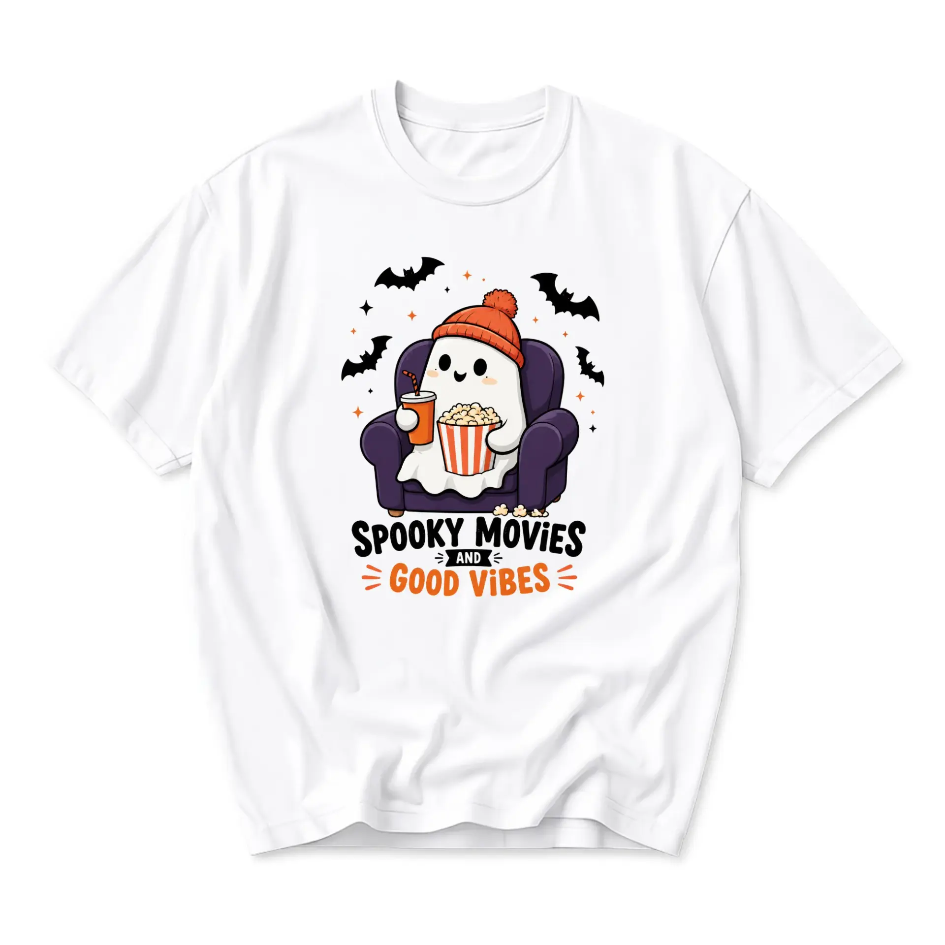 Graphic Tee Spooky Movies and Good Vibes Unisex Crew Neck T-Shirt Soft Breathable Cotton Blend Casual Seasonal Apparel